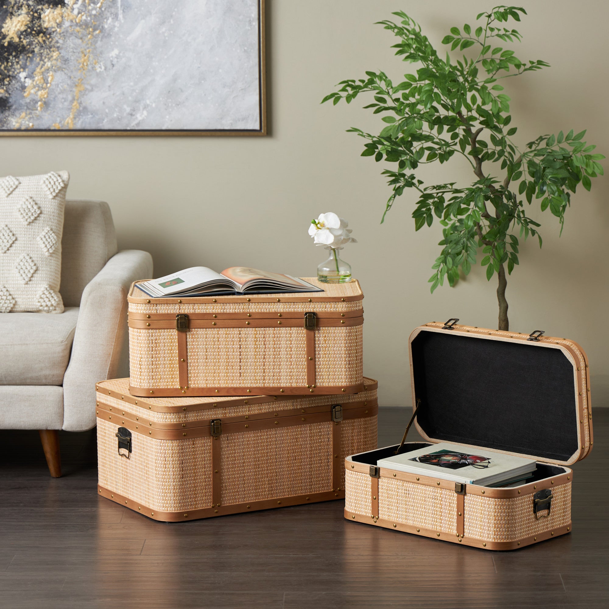 Set of 3 Light Brown Rattan Woven Decorative Trunk with Brass Metal Latches and Brown Wooden Accents