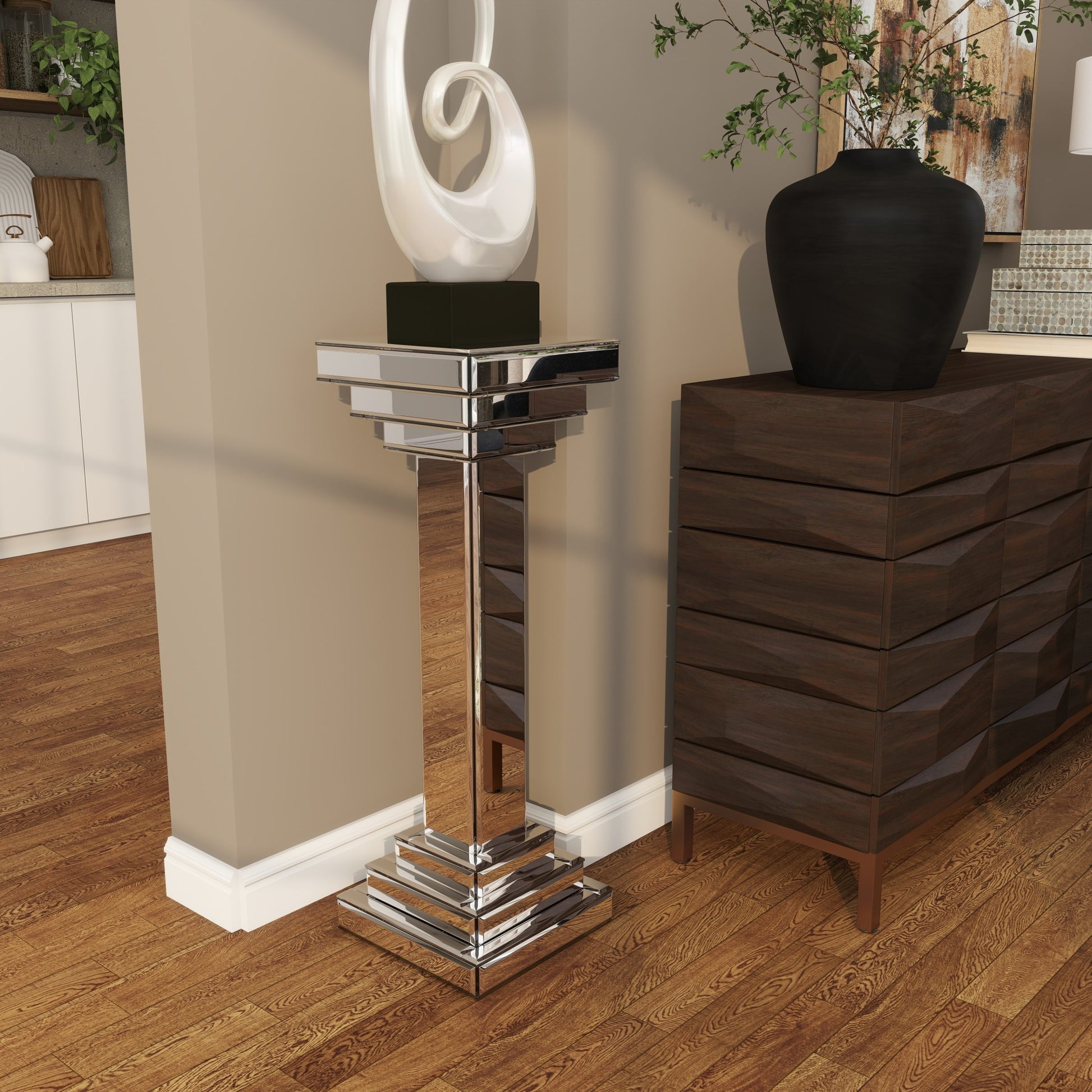 Silver Glass Mirrored Side End Pedestal Table