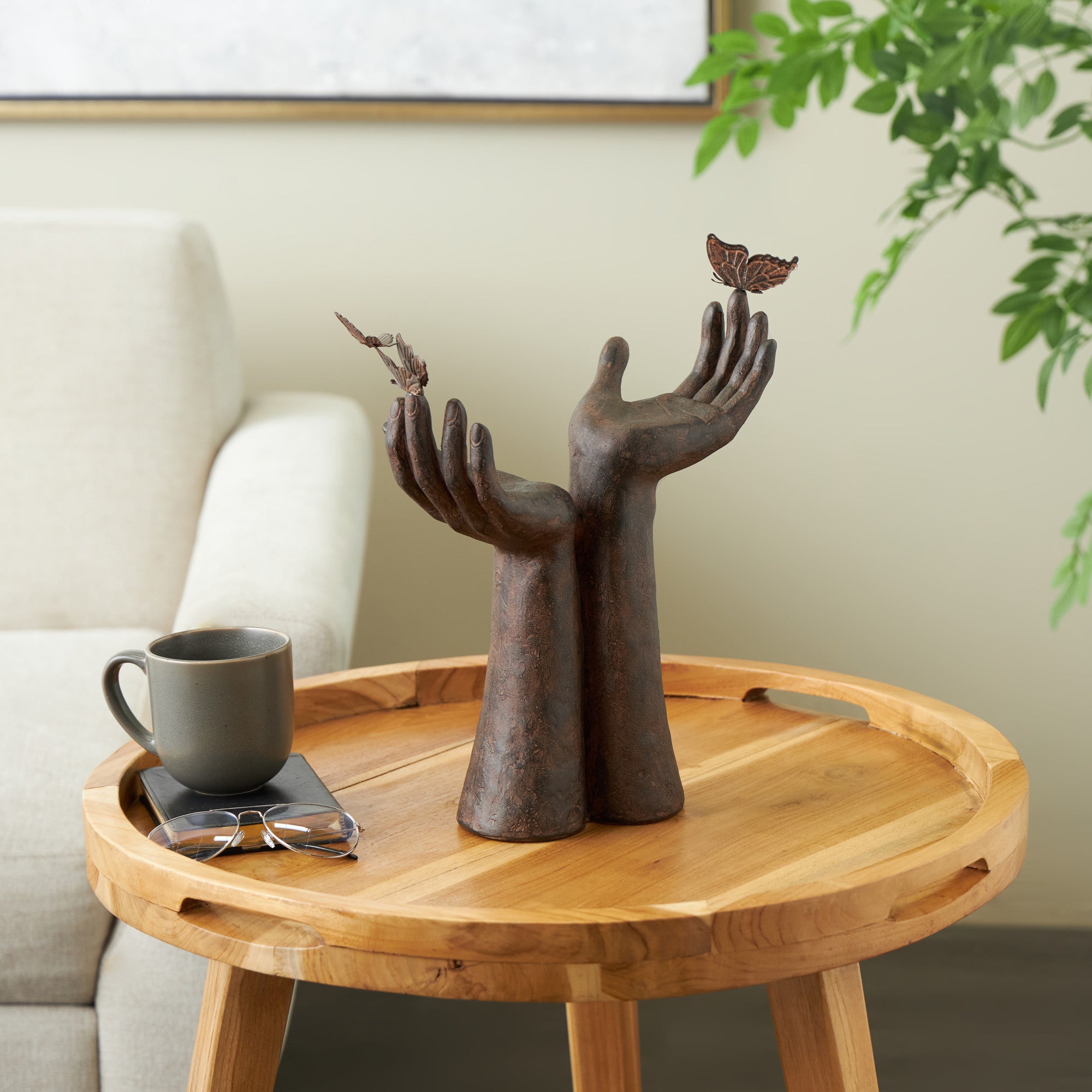 Hands Dark Brown Polystone Raised Decorative Sculpture with Butterfly Accents