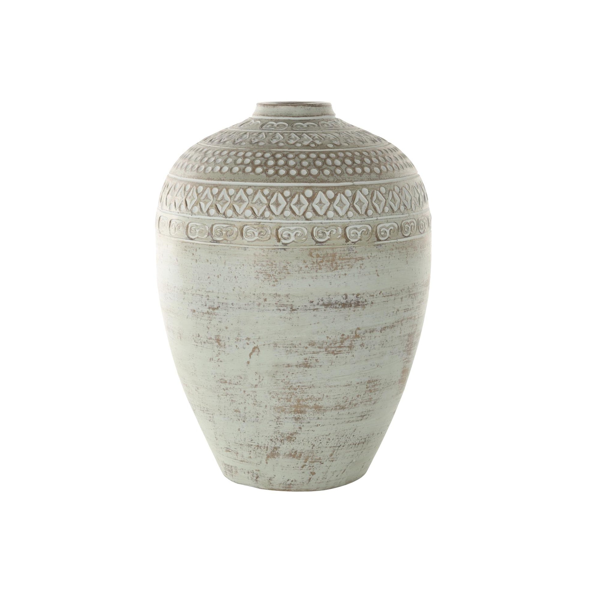 Green Ceramic Handmade Antique Style Decorative Vase with Geometric Tribal Carvings