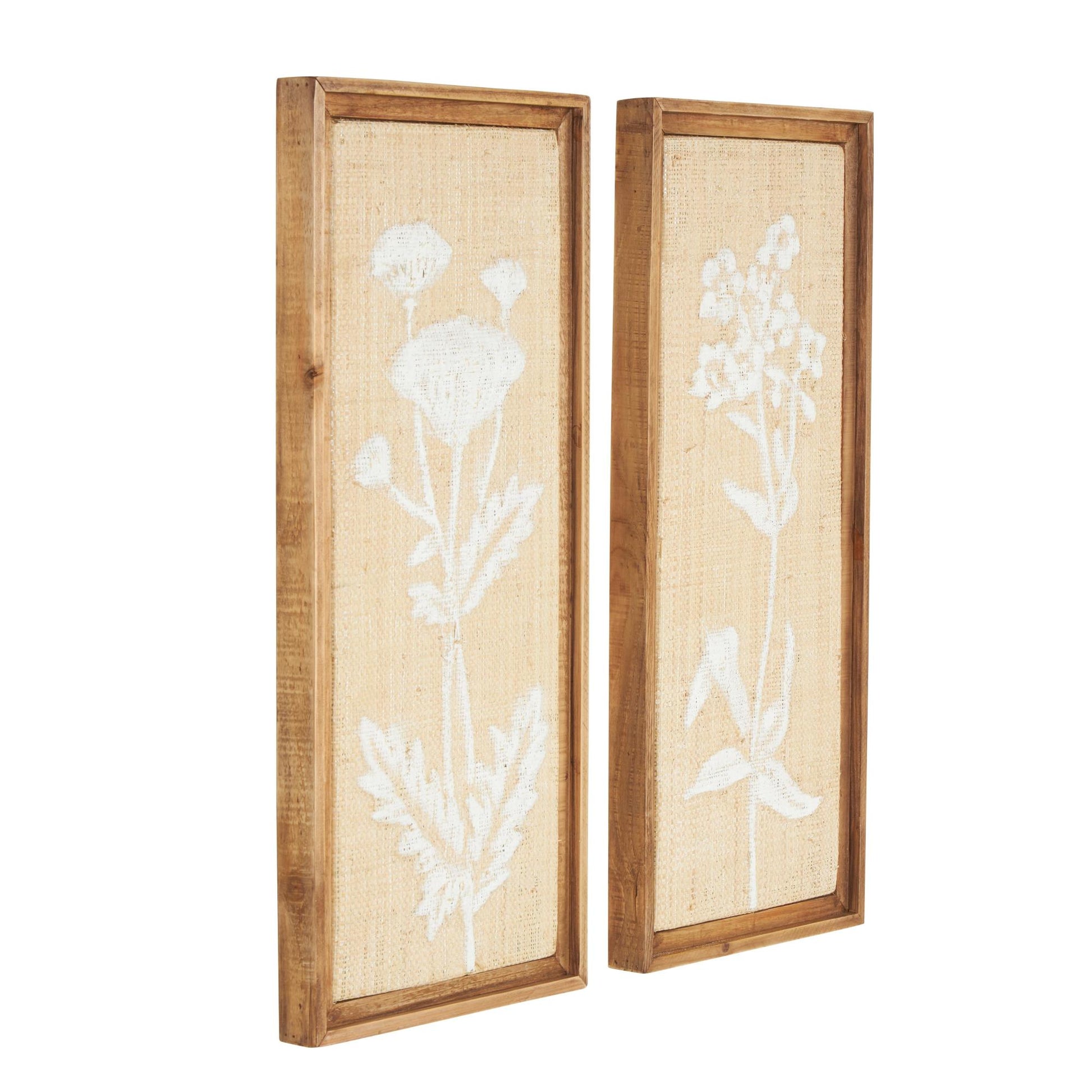 Set of 2 Floral Cream Wood Textured Living Room Framed Wall Art with White Painted Accents