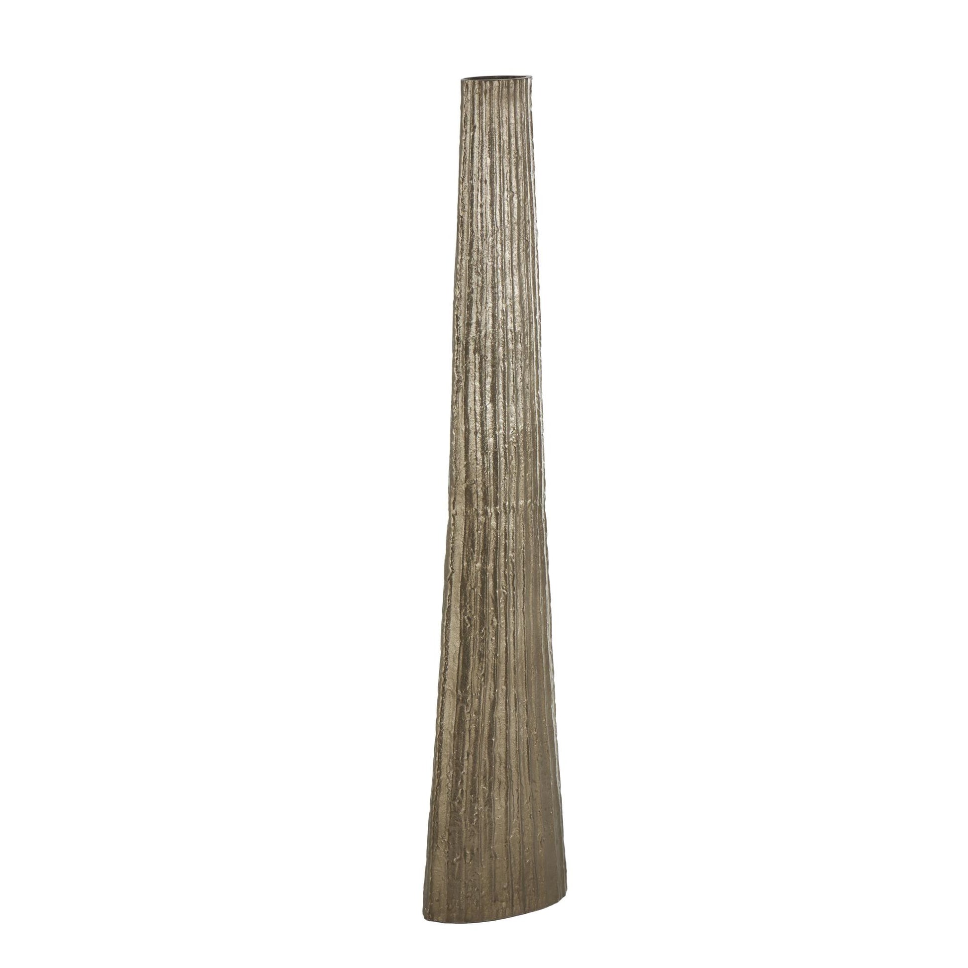 Brass Aluminum Metal Slim Flat Tall Floor Cone Decorative Vase with Textured Ridges