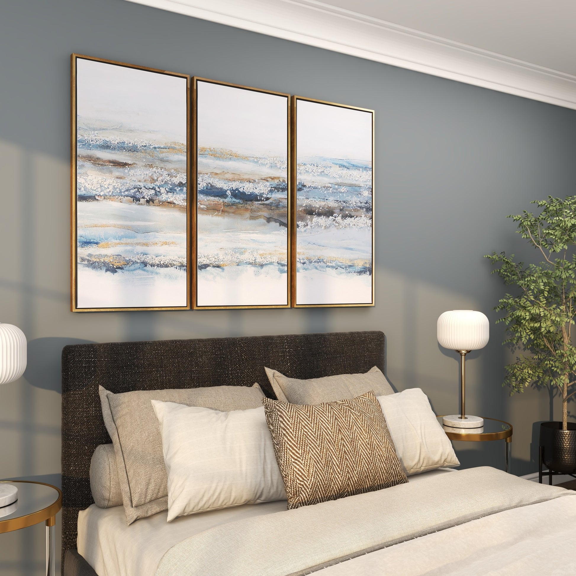 Set of 3 Landscape Blue Canvas Living Room Framed Wall Art with Gold Frame