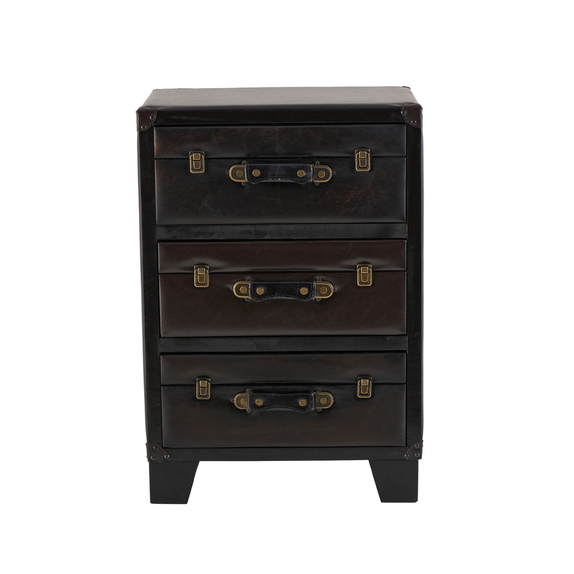 Dark Brown Faux Leather Vintage Faux Leather 3 Drawer Room Chest with Gold Buckle and Strap Accents
