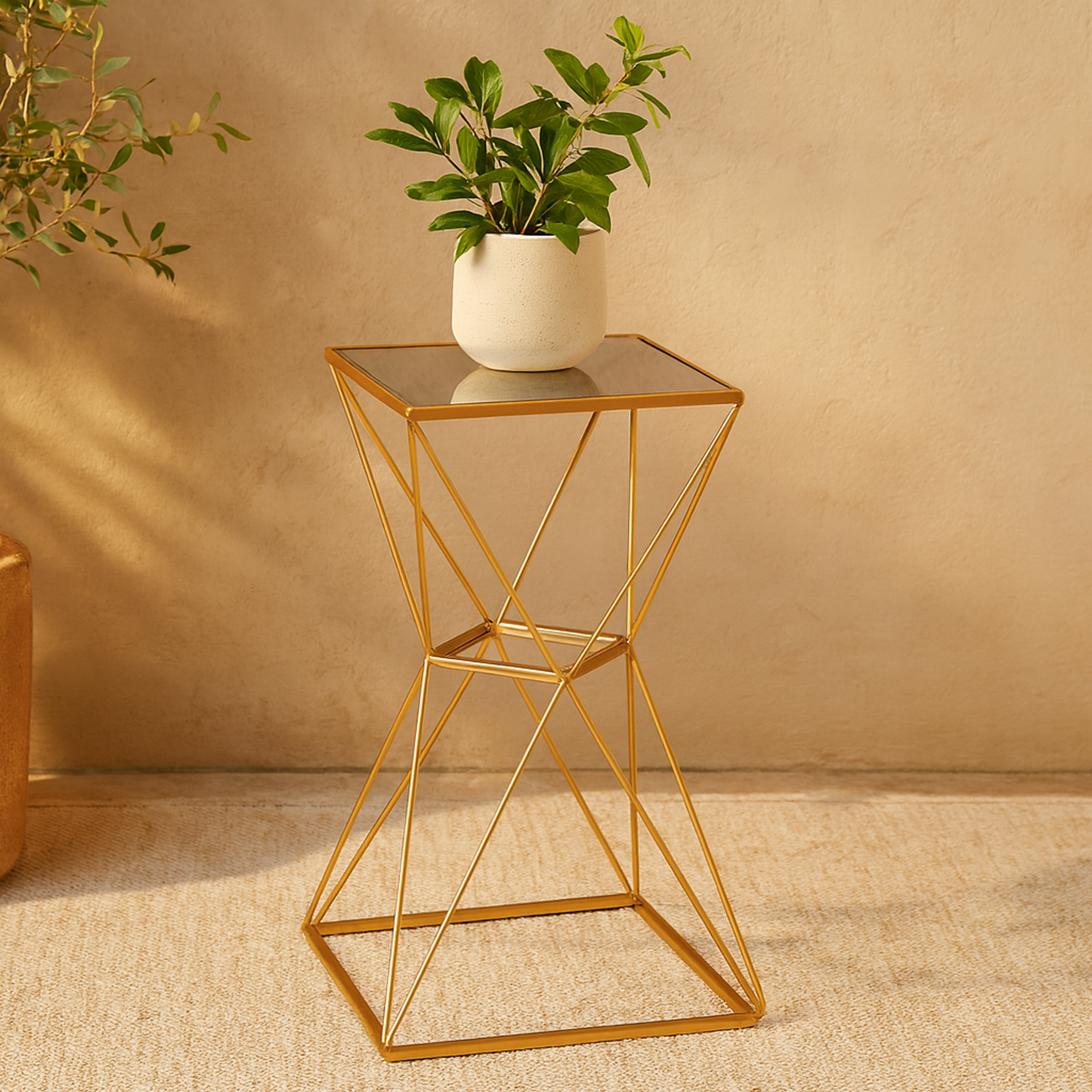 Geometric Gold Metal Side End Accent Table with Mirrored Glass Top