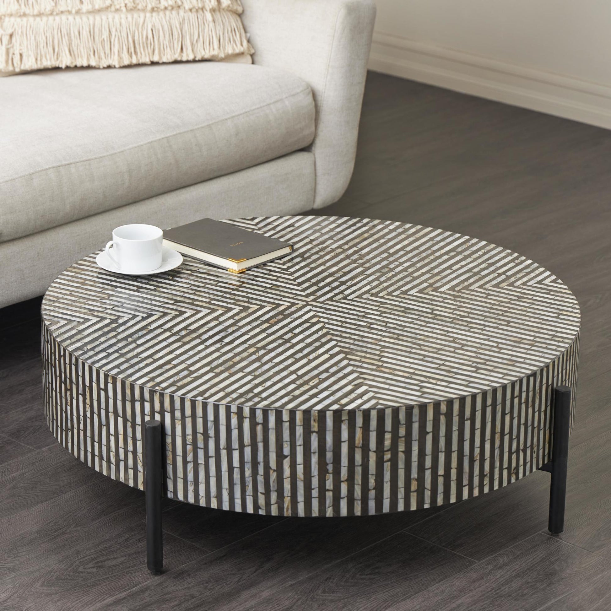 Geometric Mother of Pearl Shell Handmade Mosaic Inlay Living Room Coffee Table with Black Metal Legs 38" x 38" x 12"