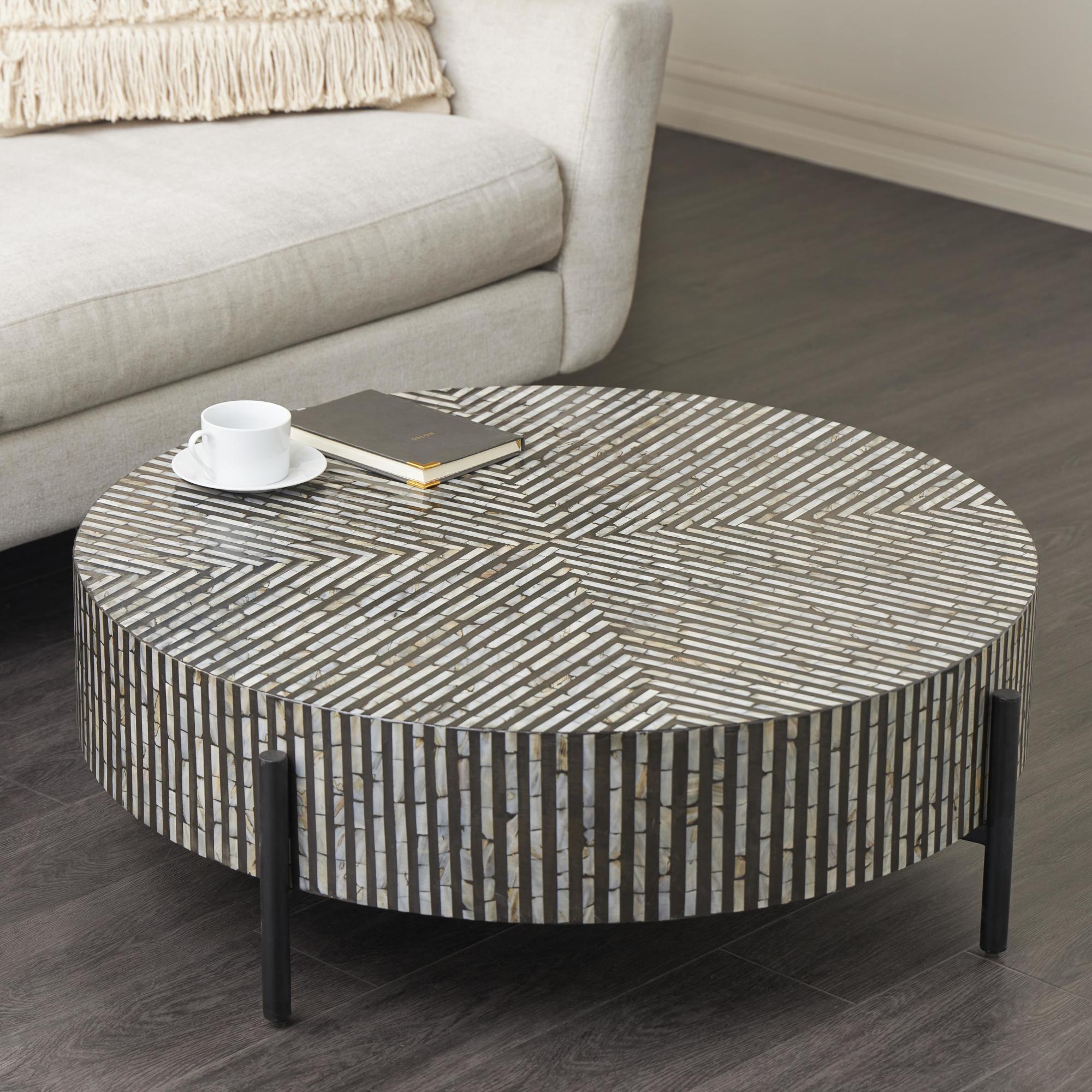 Geometric Mother of Pearl Shell Handmade Mosaic Inlay Living Room Coffee Table with Black Metal Legs 38" x 38" x 12"