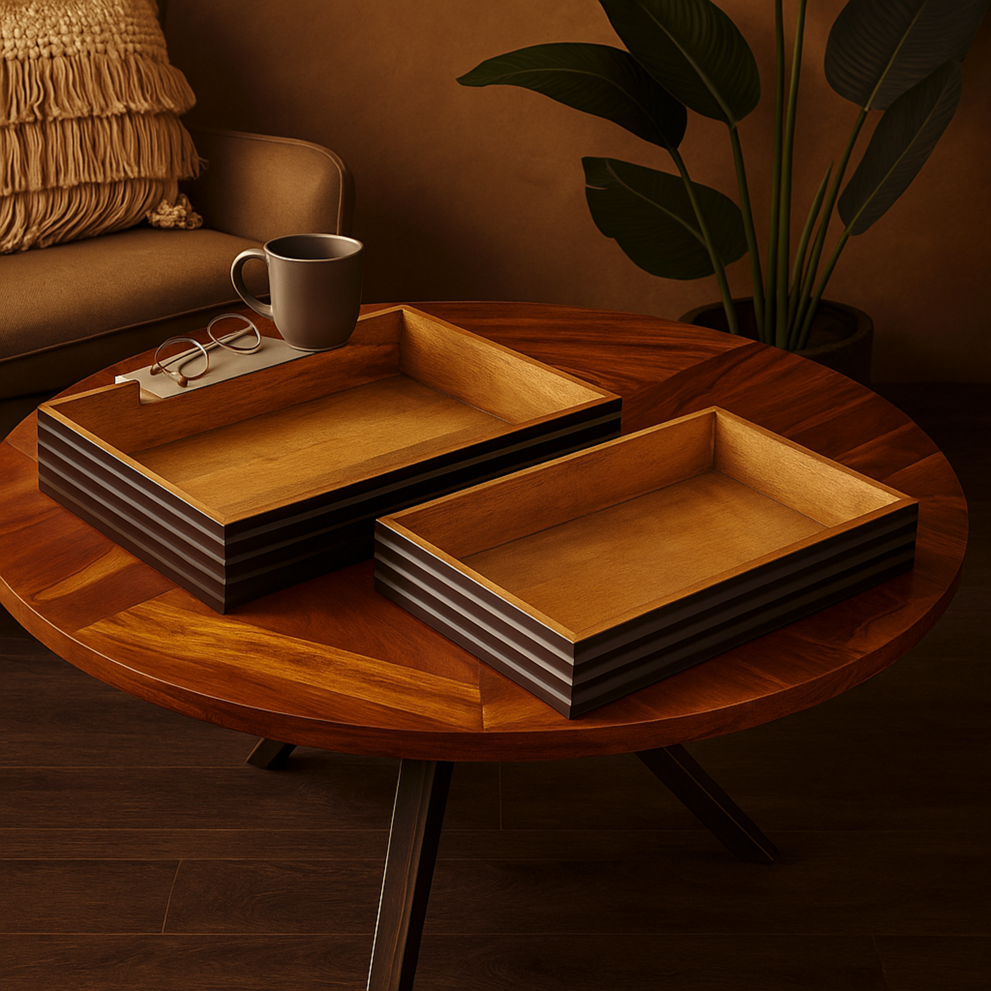 Set of 2 Brown Mango Wood Handmade Living Room Decor Tray with Black Groove Exterior