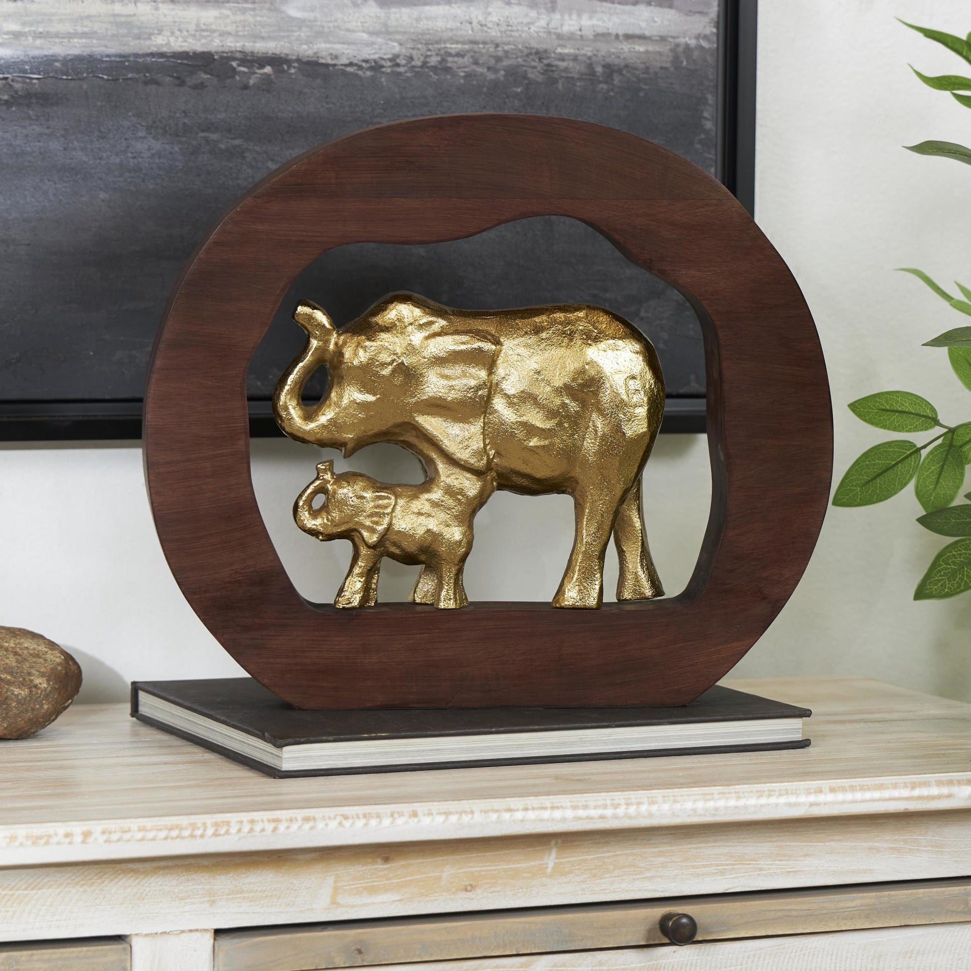 Elephant Gold Aluminum Metal Decorative Sculpture with Brown Wooden Frame
