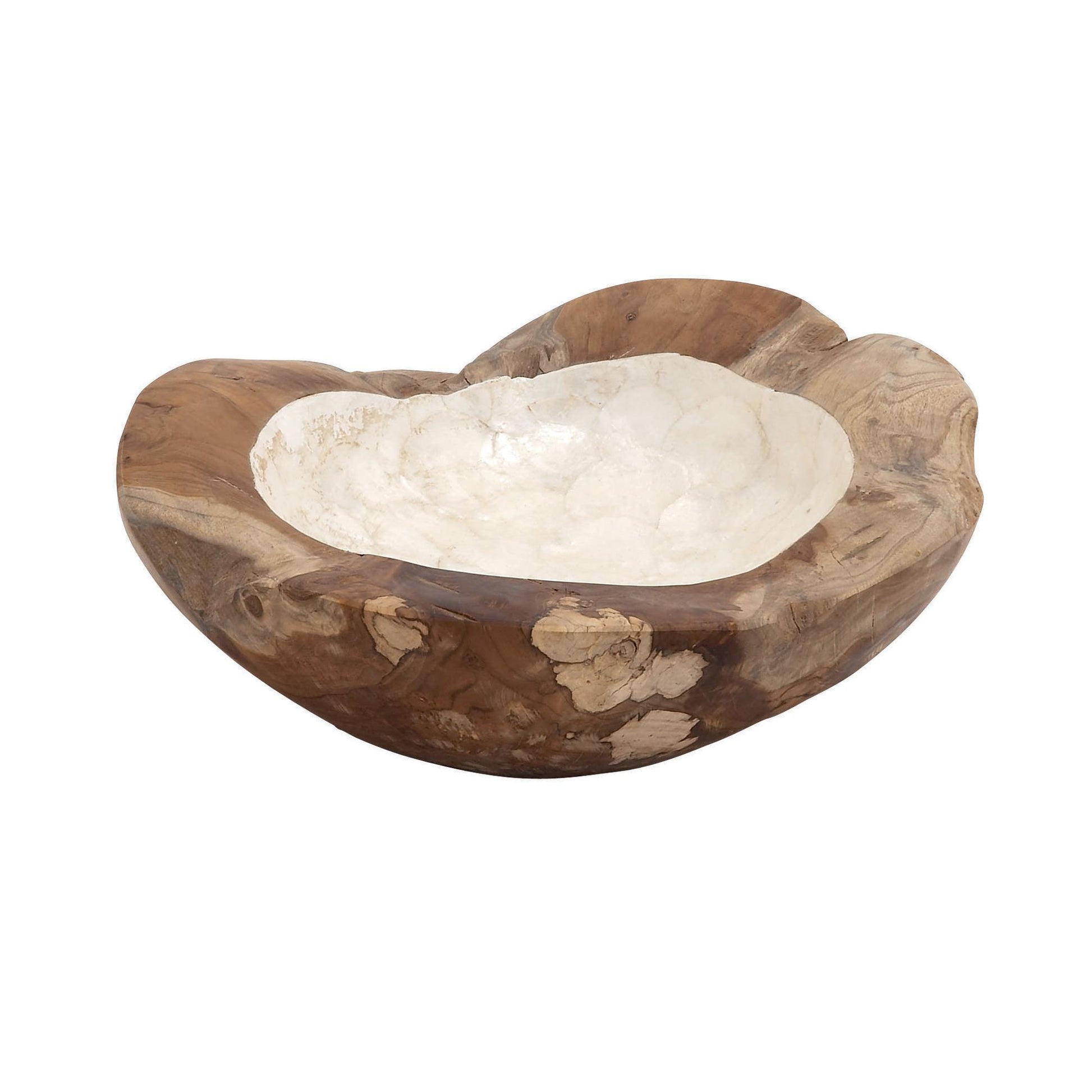 Nautical Brown Teak Wood Handmade Live Edge Free Form Large Decorative Bowl with Capiz Interior