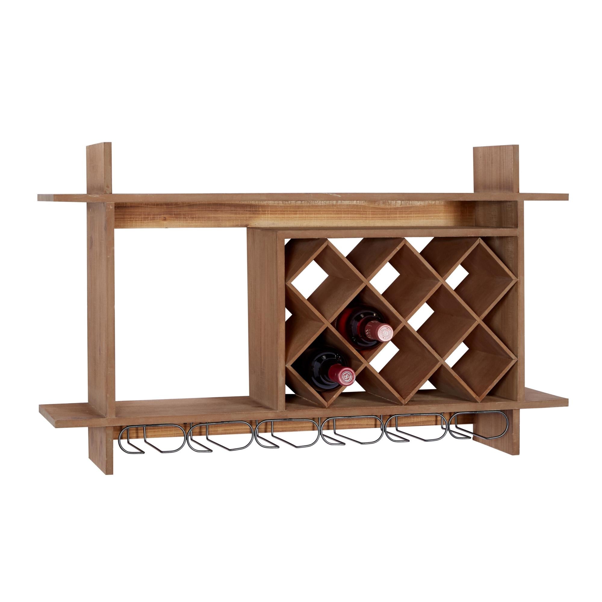Geometric Brown Wood 8 Bottle Display Wall Wine Rack with 6 Glass Holder Slots