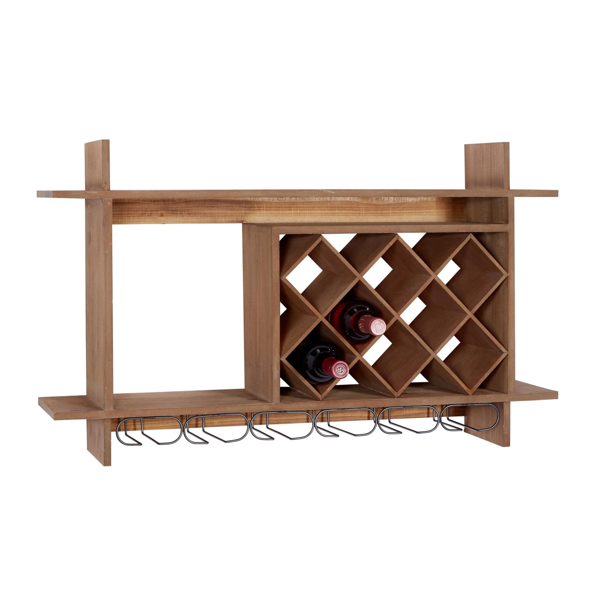 Geometric Brown Wood 8 Bottle Display Wall Wine Rack with 6 Glass Holder Slots