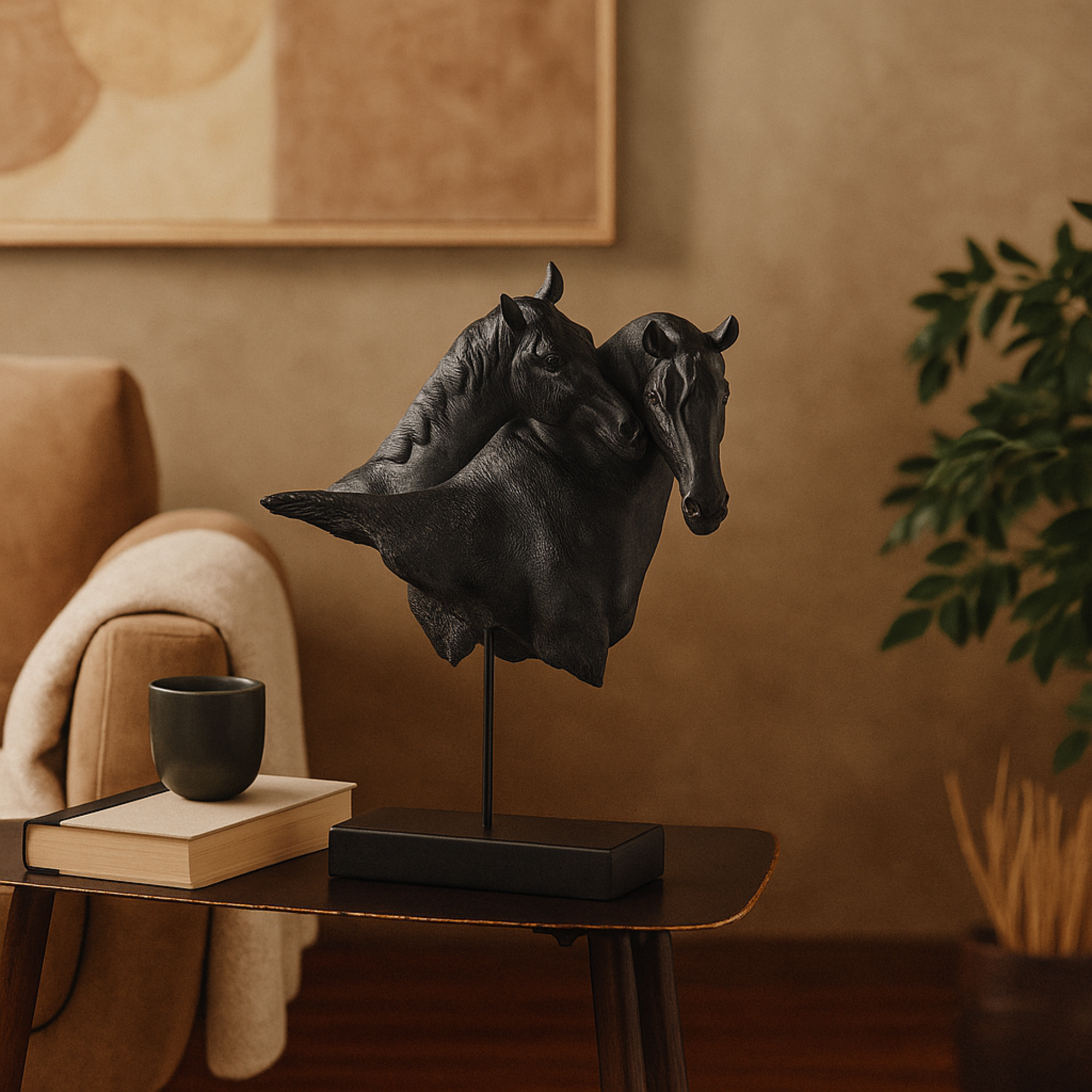 Horse Black Resin Bust Inspired Decorative Sculpture with Black Stand