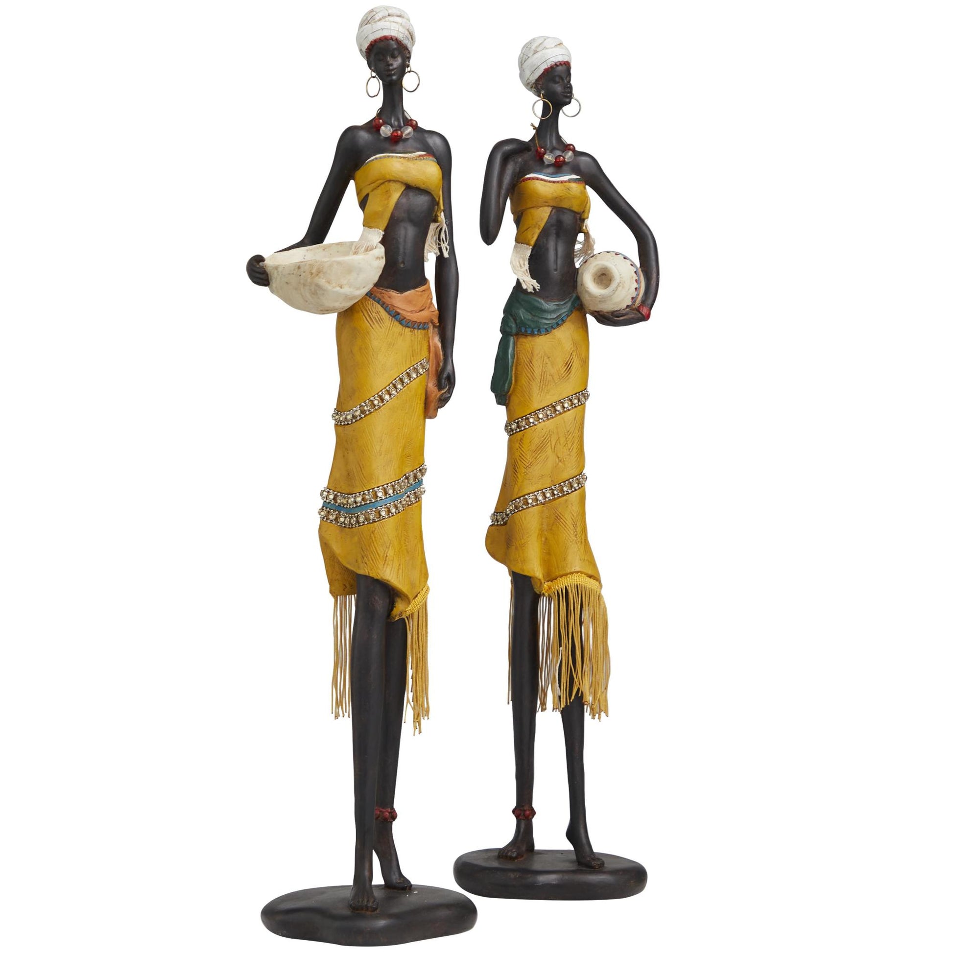 Set of 2 Woman Yellow Polyresin Handmade African Decorative Sculpture with Water Jugs and Jeweled Details