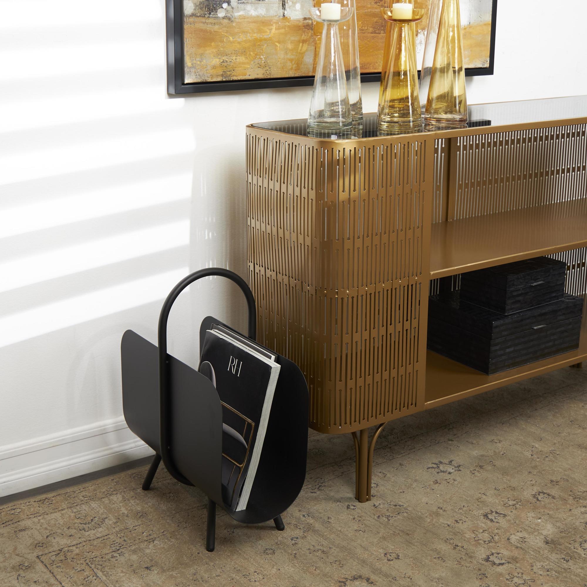 Black Metal Matte Curved Decorative Magazine Holder with Arched Handle and Flared Legs