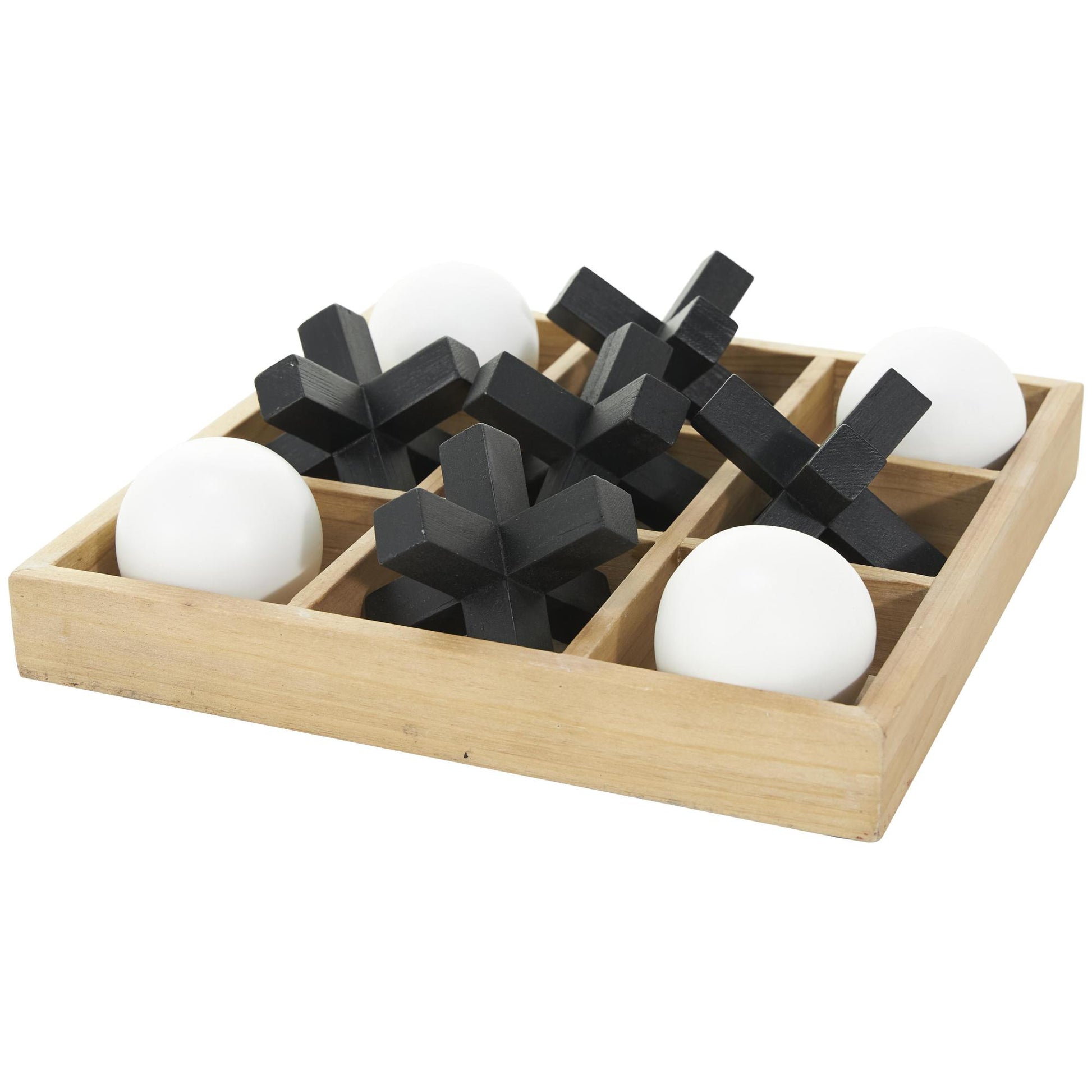 Tic Tac Toe Brown Wood Dimensional Home Decor Game Set with 3D Black and White Game Pieces
