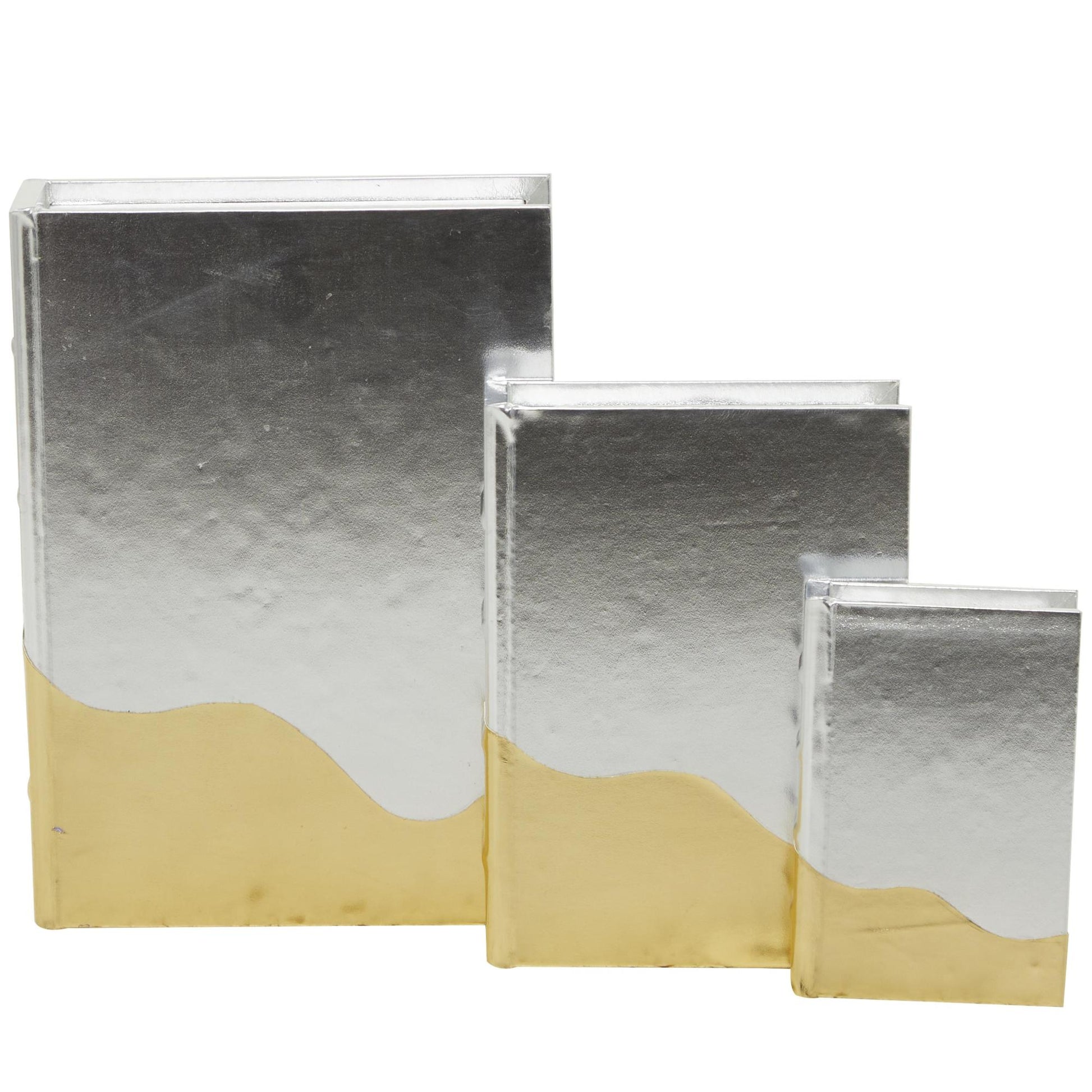 CosmoLiving by Cosmopolitan Set of 3 Silver Faux Leather Metallic Faux Book Storage Decorative Box with Wavy Gold Design