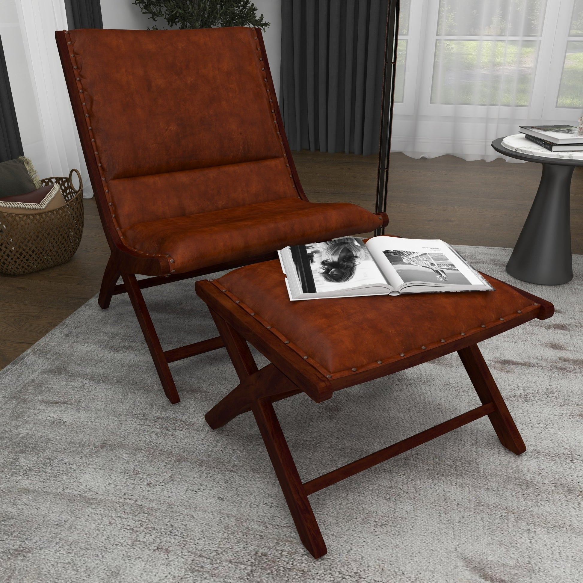 Teak Wood Handmade Upholstered Leather Accent Chair with Ottoman