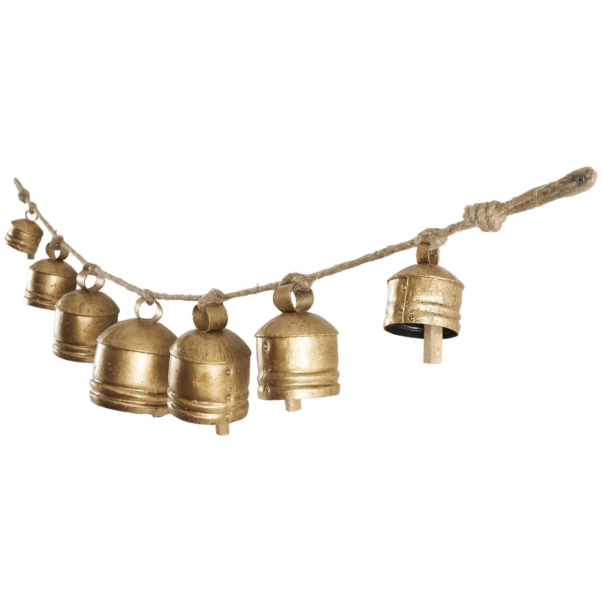 Gold Metal Tibetan Inspired String Hanging Indoor Outdoor Decorative Cow Bells with 6 Bells on Jute Hanging Rope