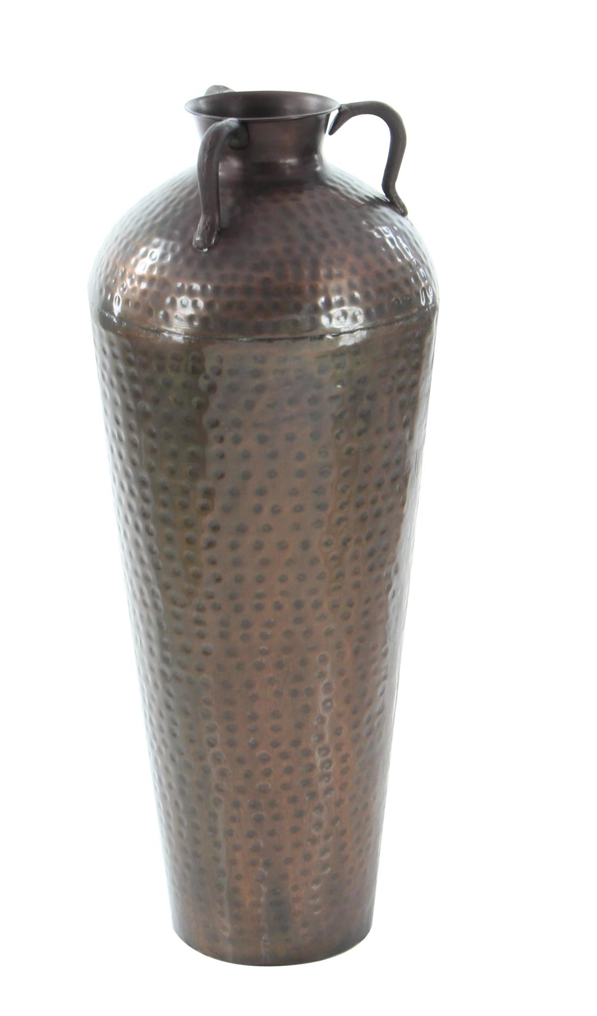 Brown Metal Tall Floor Mediterranean Style Decorative Vase with Hammered Details and Handles
