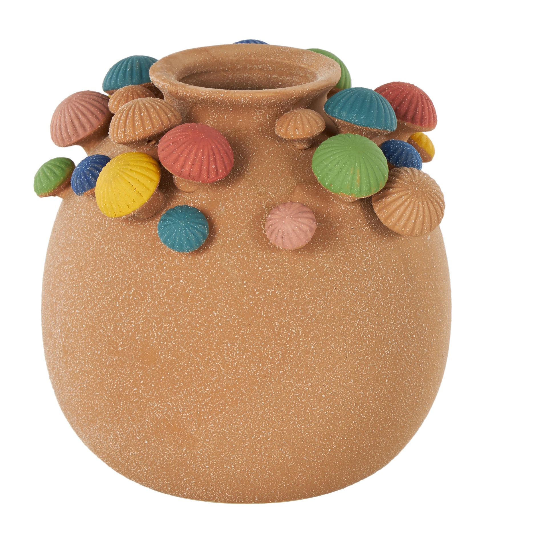 Mushroom Brown Ceramic Round Wide Decorative Vase with Multicolor Accents and White Speckles