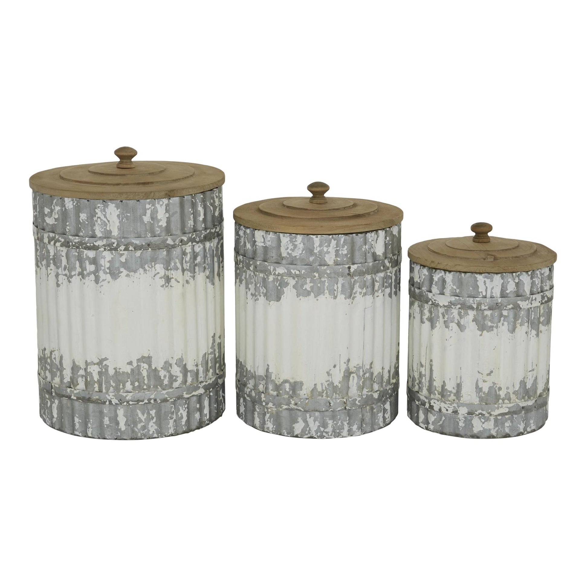 Set of 3 White Metal Distressed Living Room Decorative Jars with Wood Lids