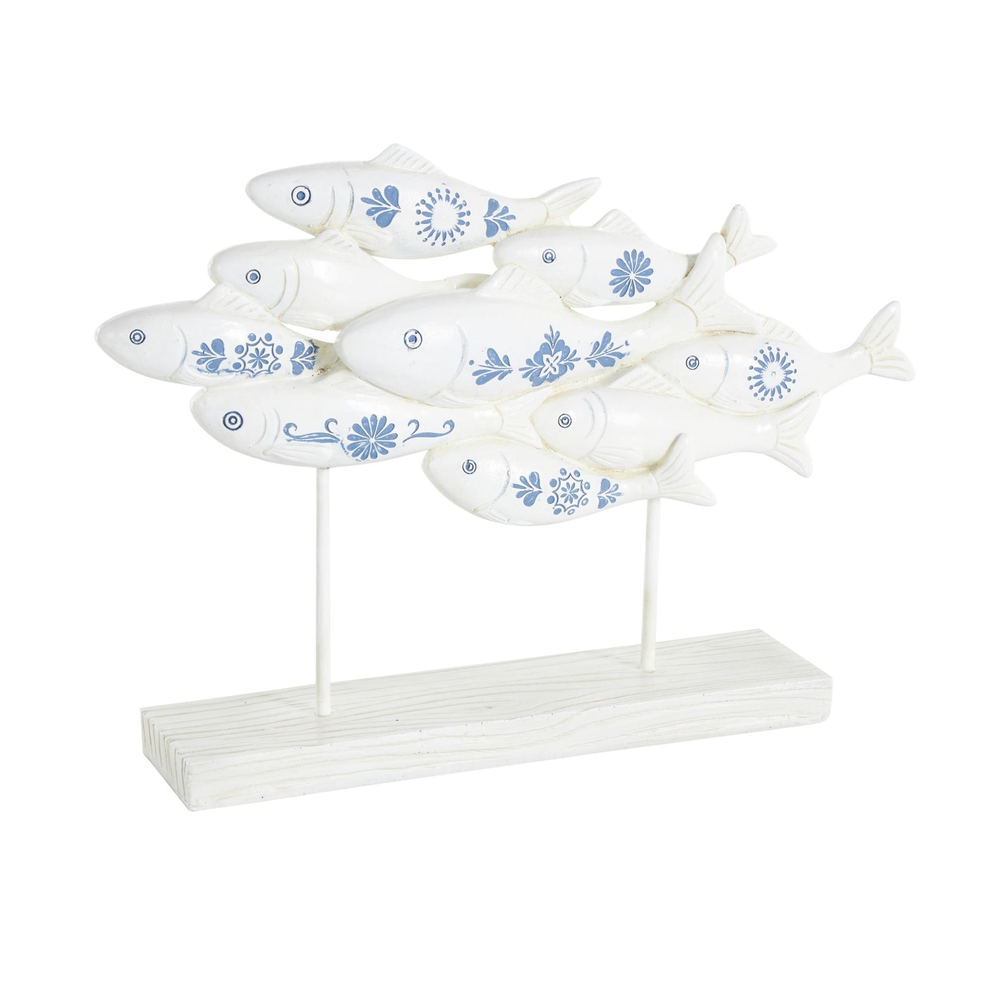 Fish White Polystone Decorative Sculpture with Blue Floral Patterns and Stand
