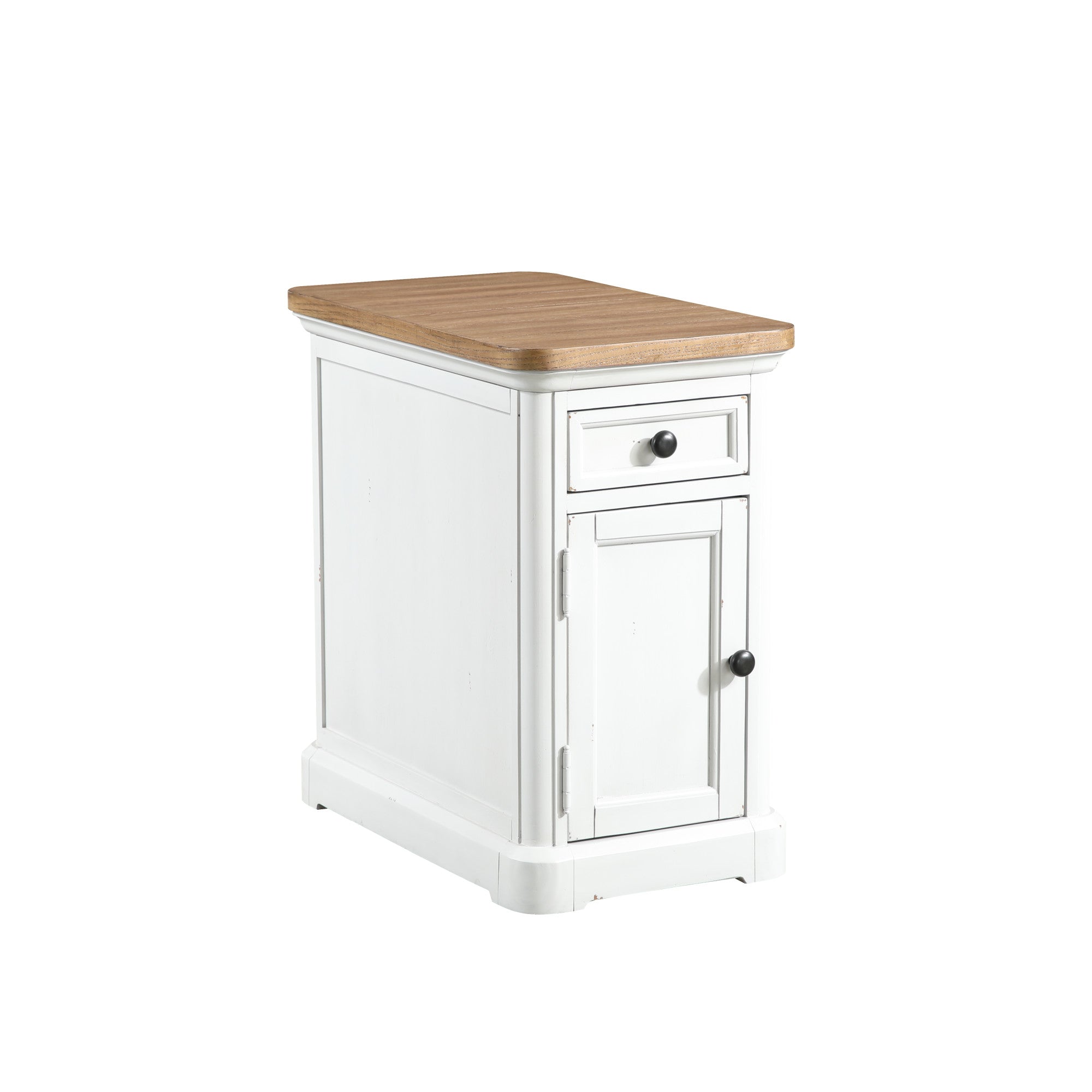 White Wood 1 Door and 1 Drawer Side Accent Table with Brown Wood Tabletop and Black Round Knobs