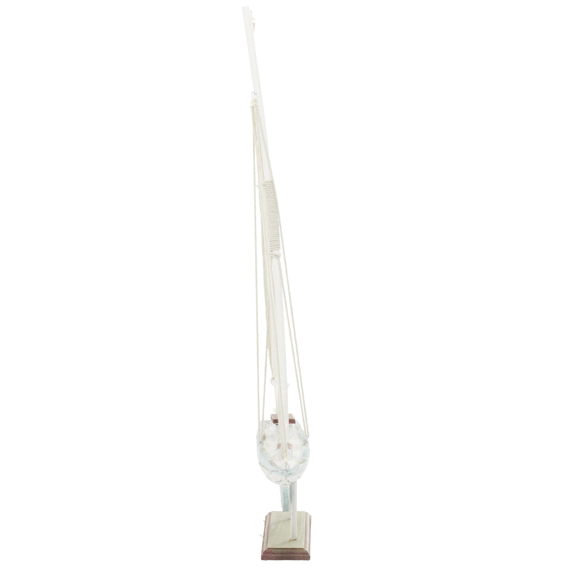 Sail Boat Blue Wood Distressed Decorative Sculpture with Cream Linen Sails and Brown Accents