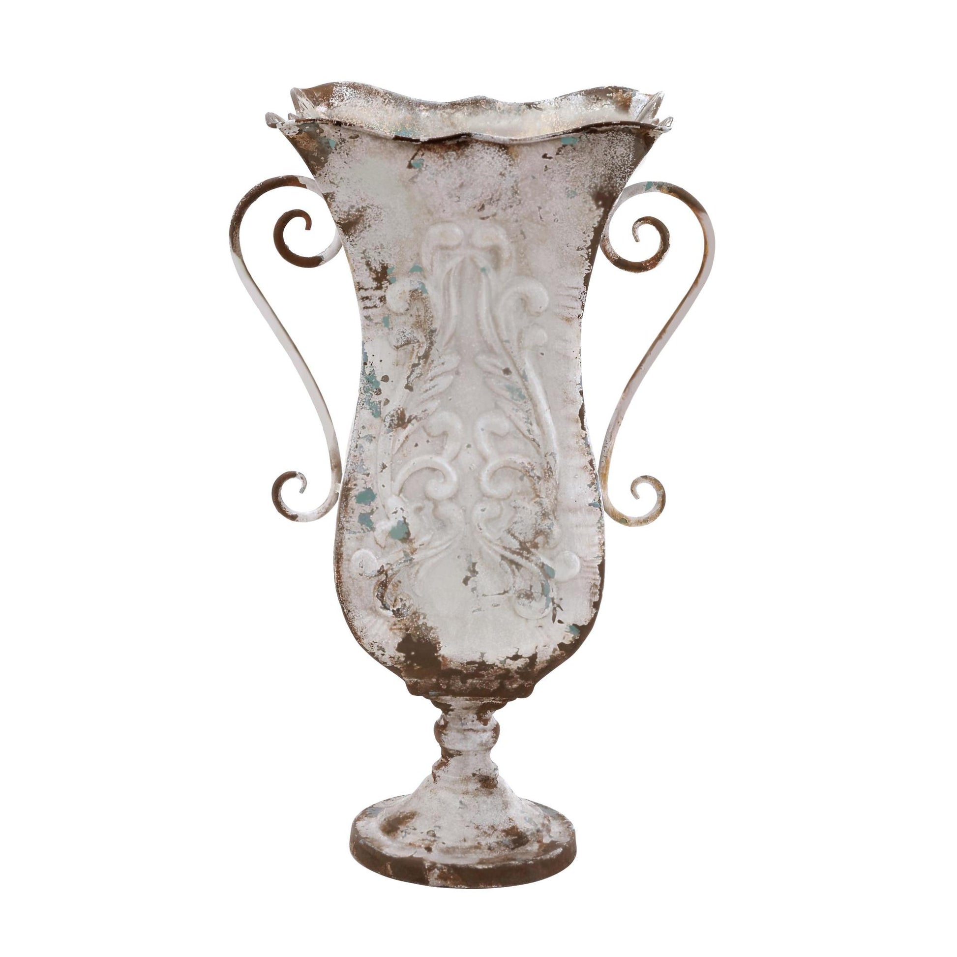 Scroll Beige Metal Distressed Decorative Vase