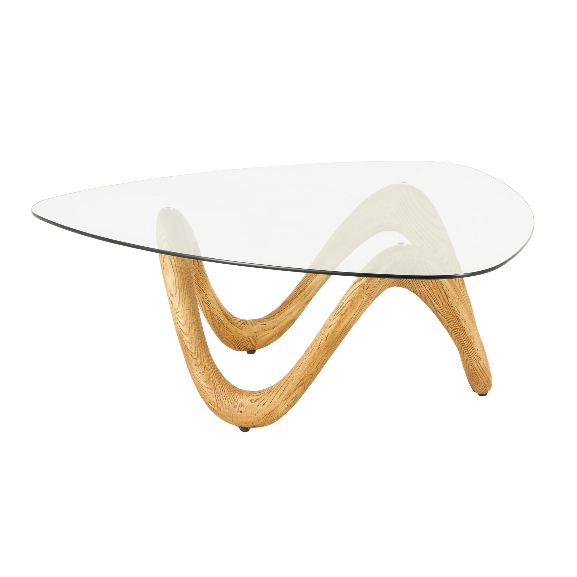 Abstract Polystone Wood Inspired Wavy Side End Accent Table with Glass Tabletop