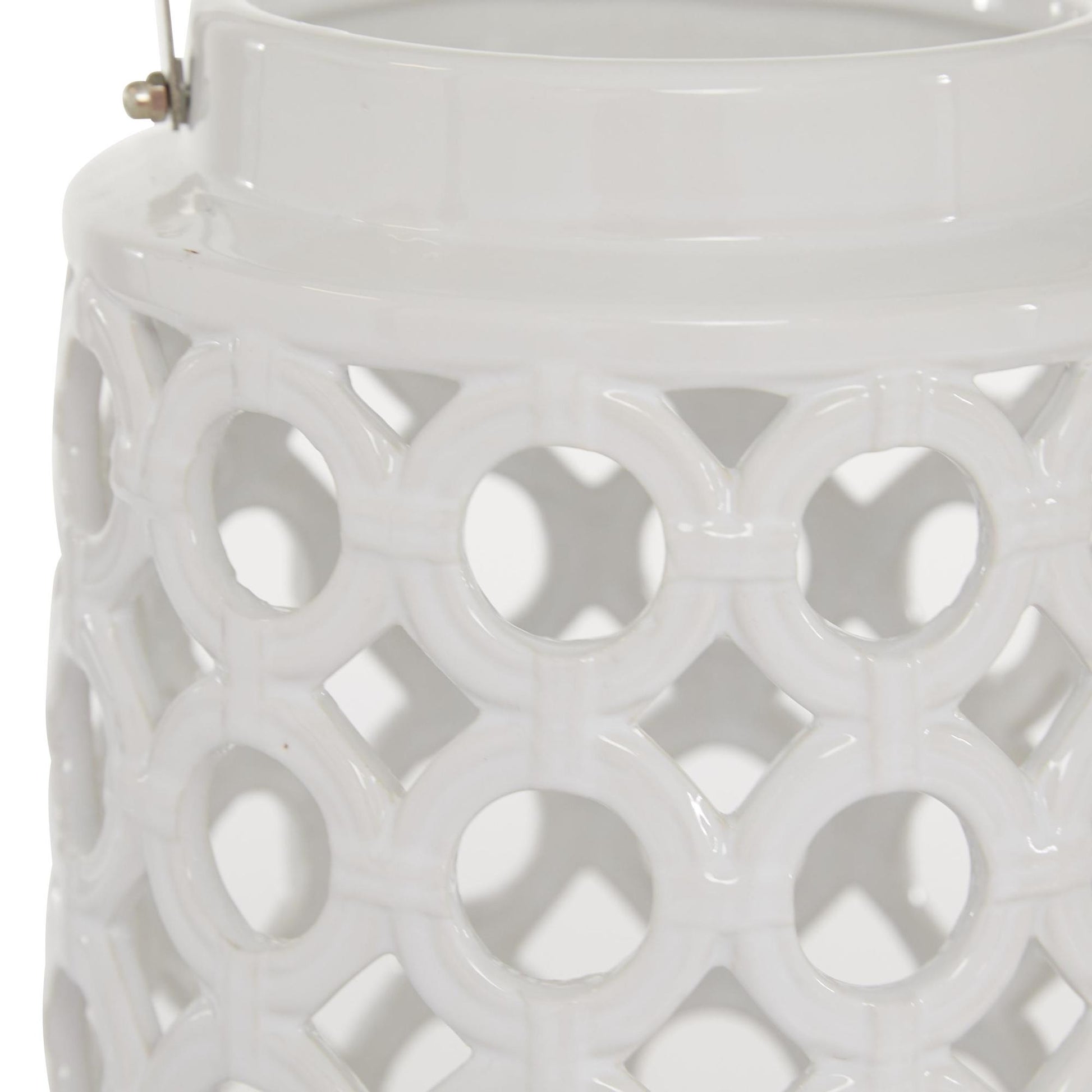 White Ceramic Circles Decorative Indoor Outdoor Candle Lantern with Cut Out Design
