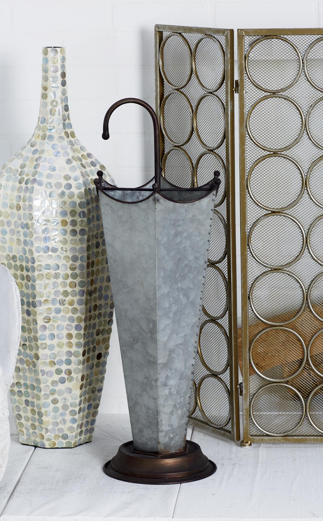 Gray Metal Galvanized Decorative Umbrella Stand with Copper Base and Handle