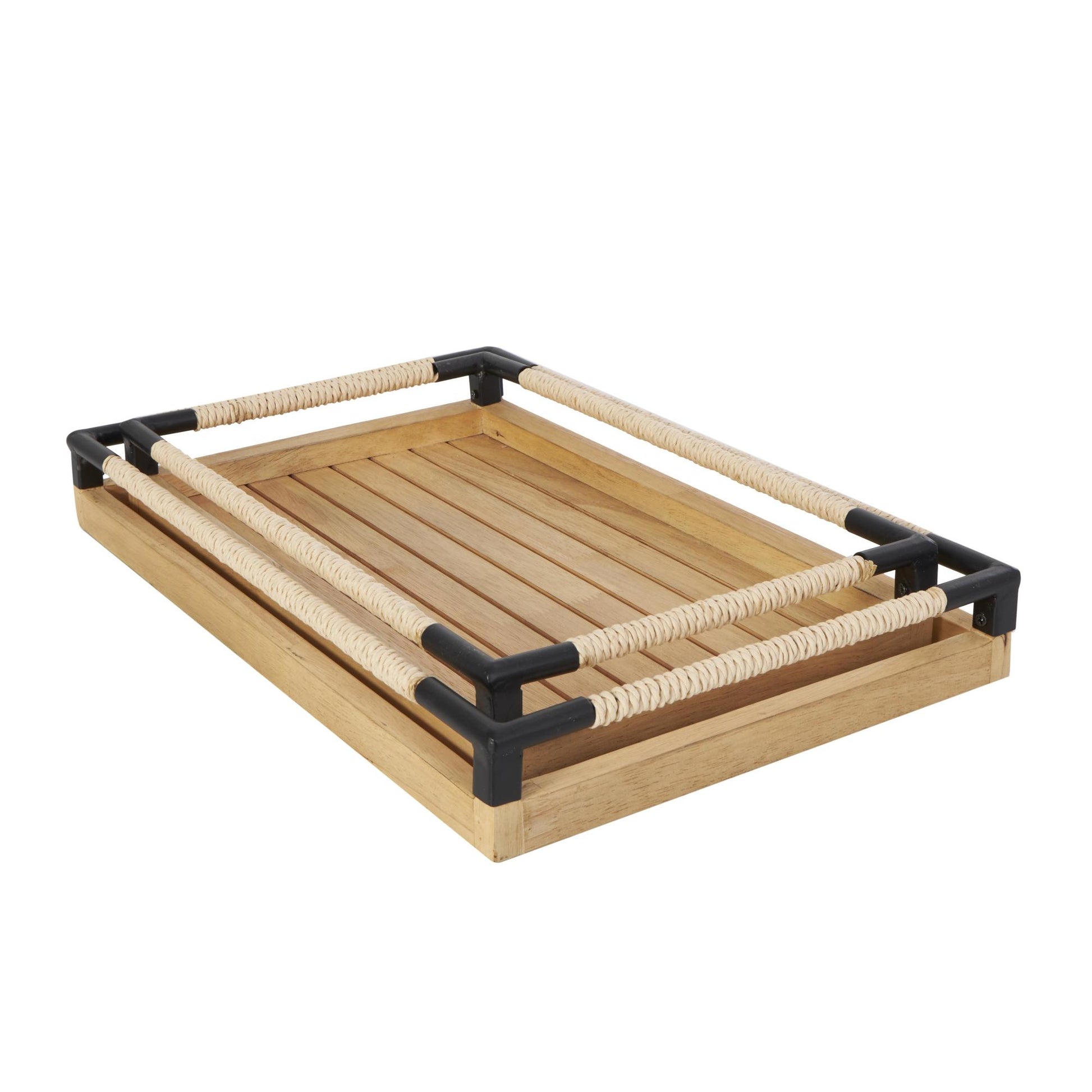 Set of 2 Brown Wood Slatted Living Room Decor Tray with Elevated Woven Sides and Black Metal Corners