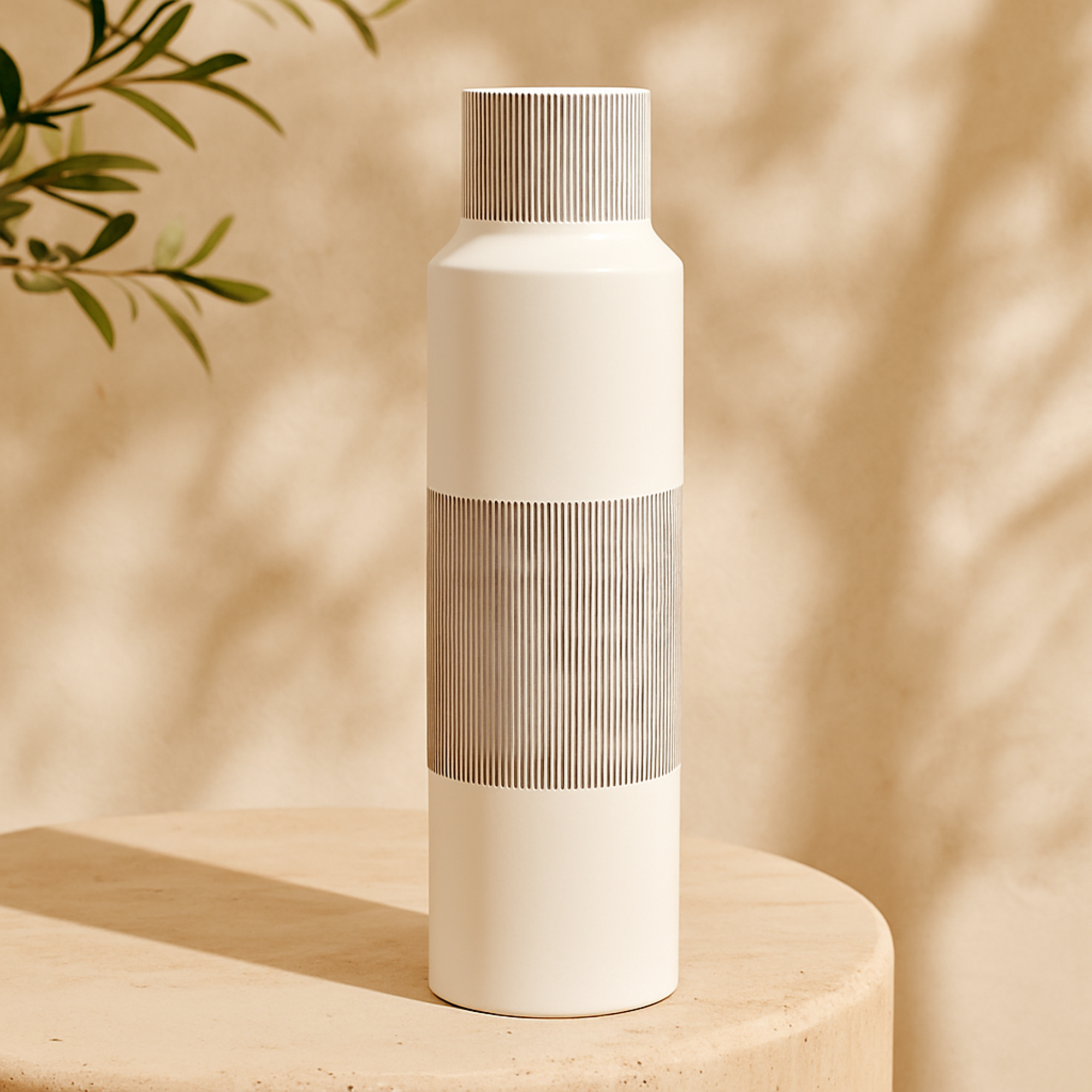 CosmoLiving by Cosmopolitan White Ceramic Handmade Decorative Vase with Gray Striped Accents
