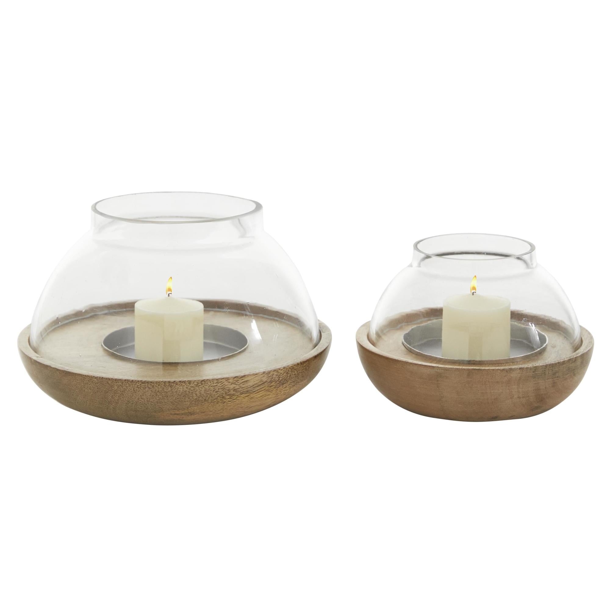 Set of 2 Brown Wood Tealight Room Hurricane Lamp