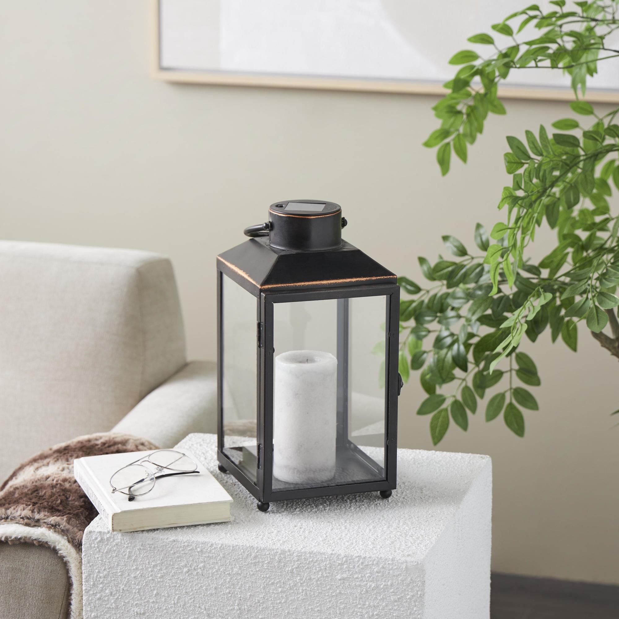 Black Metal Modern Indoor Outdoor Candle Lantern with Gold Accents