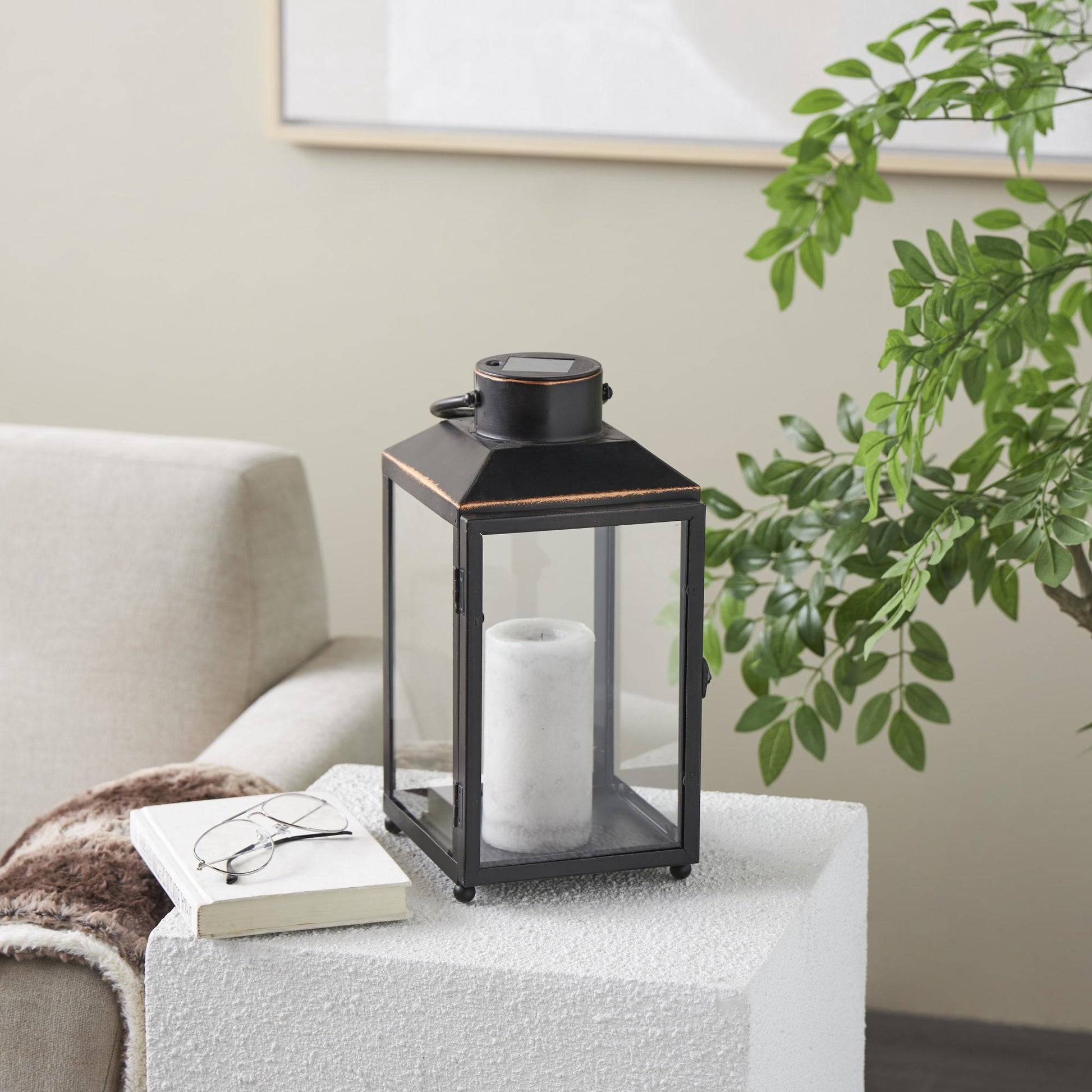 Black Metal Modern Indoor Outdoor Candle Lantern with Gold Accents