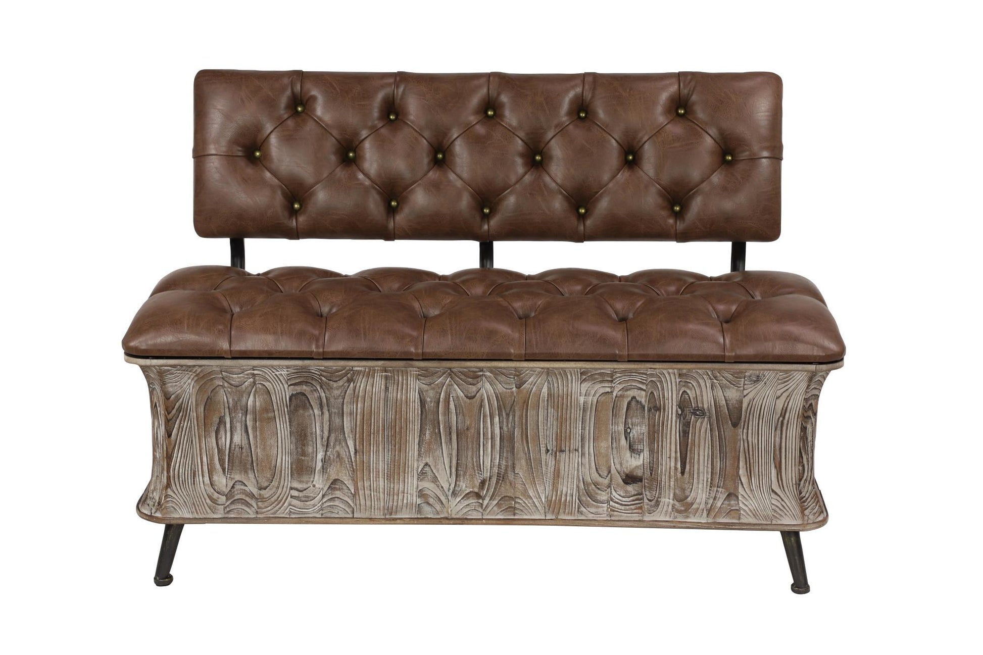 Brown Wood Room Storage Bench with Tufted Faux Leather Seat and Back