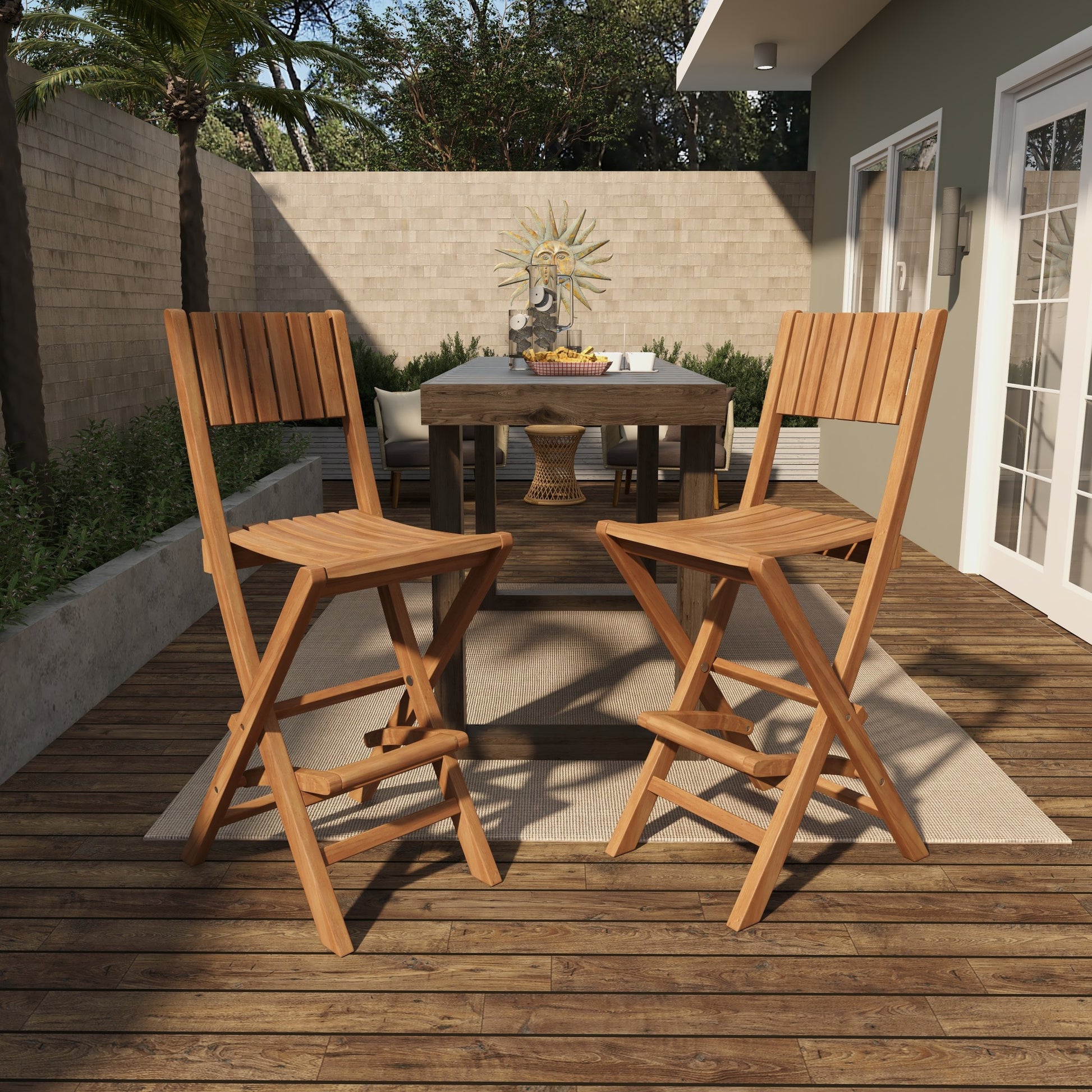 Set of 2 Brown Teak Wood Indoor Outdoor Slatted Folding Kitchen Bar Stool with Footrest