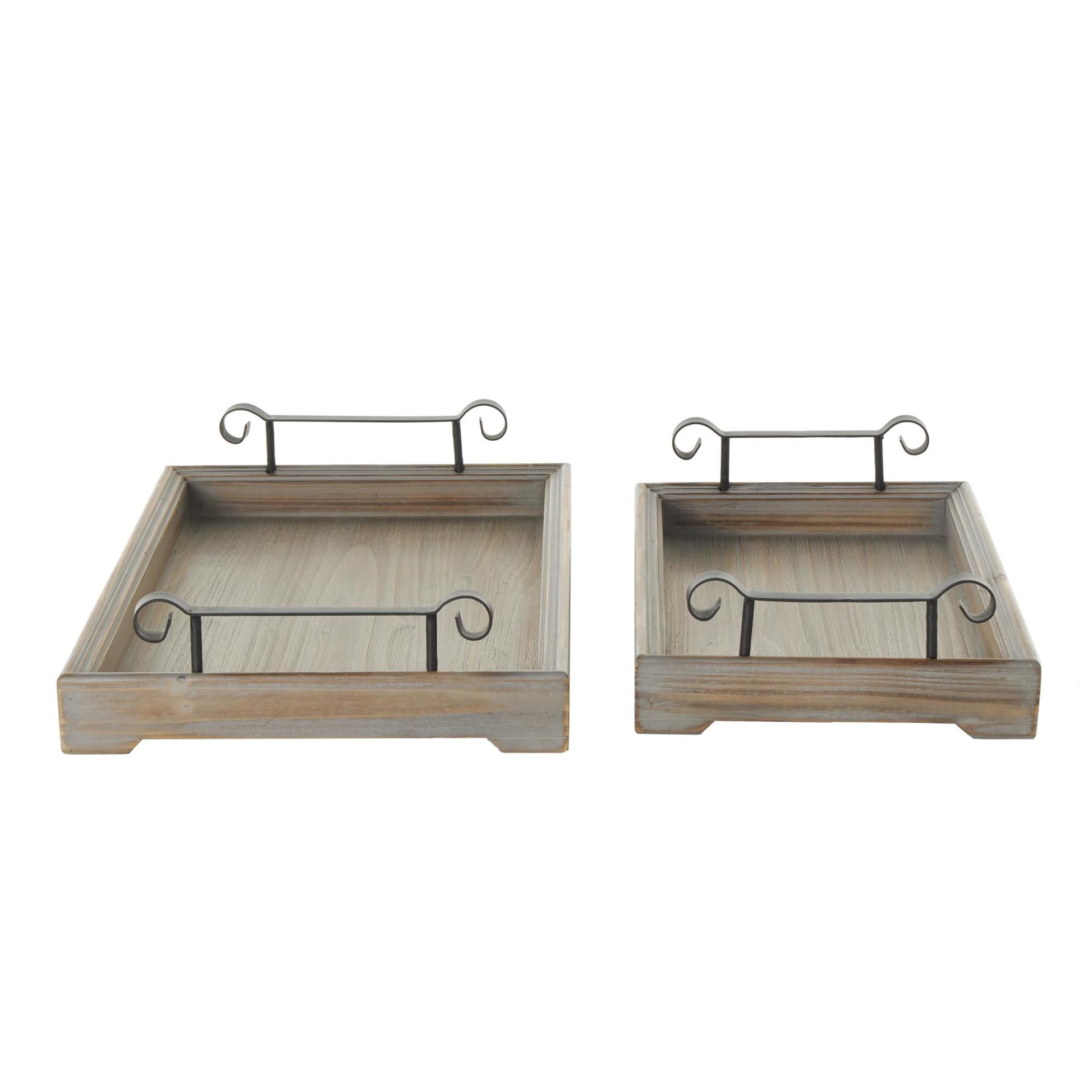 Set of 2 Wood Living Room Decor Tray with Metal Handles