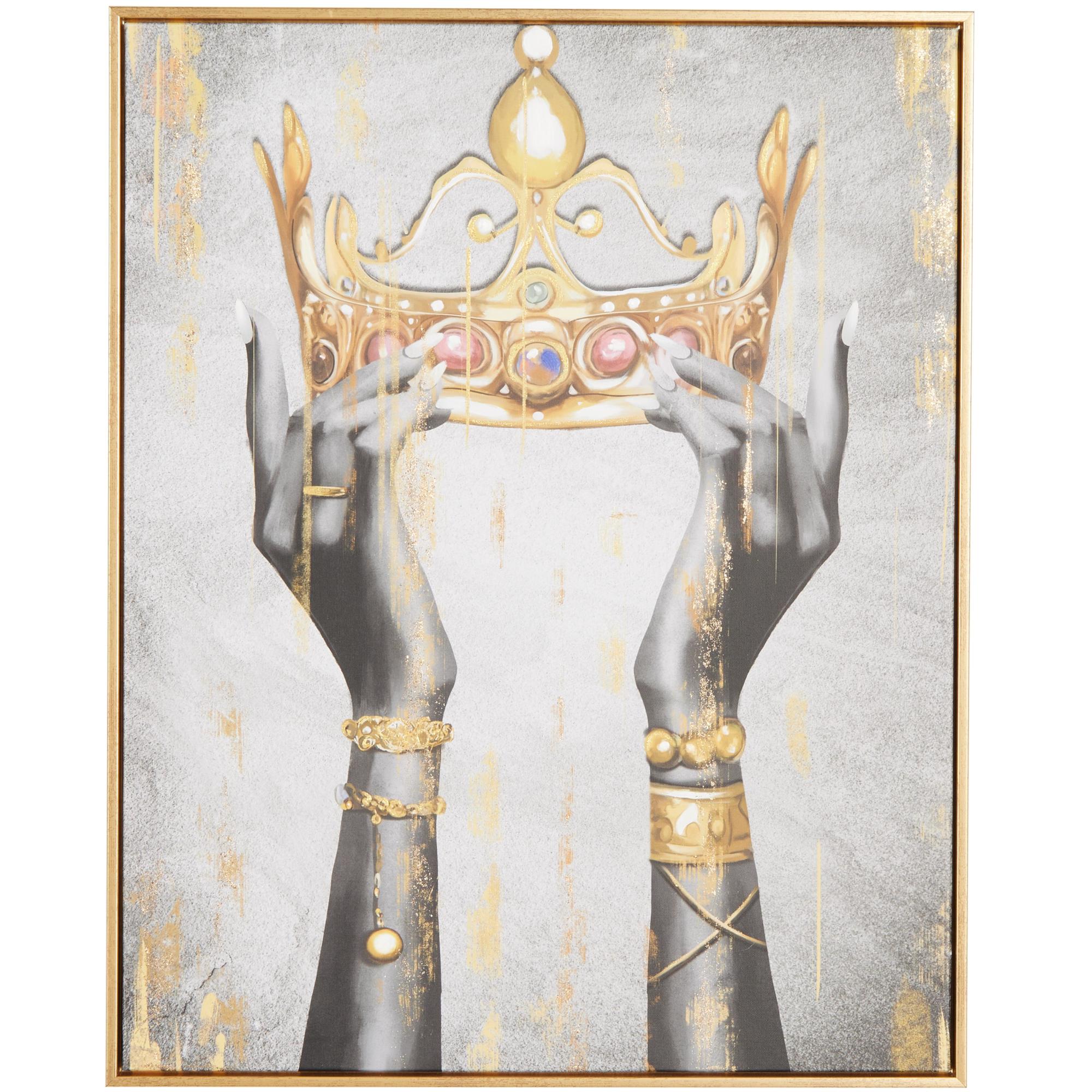 Crown Gold Canvas Living Room Framed Wall Art with Shaded Hands and Metallic Foil Accents