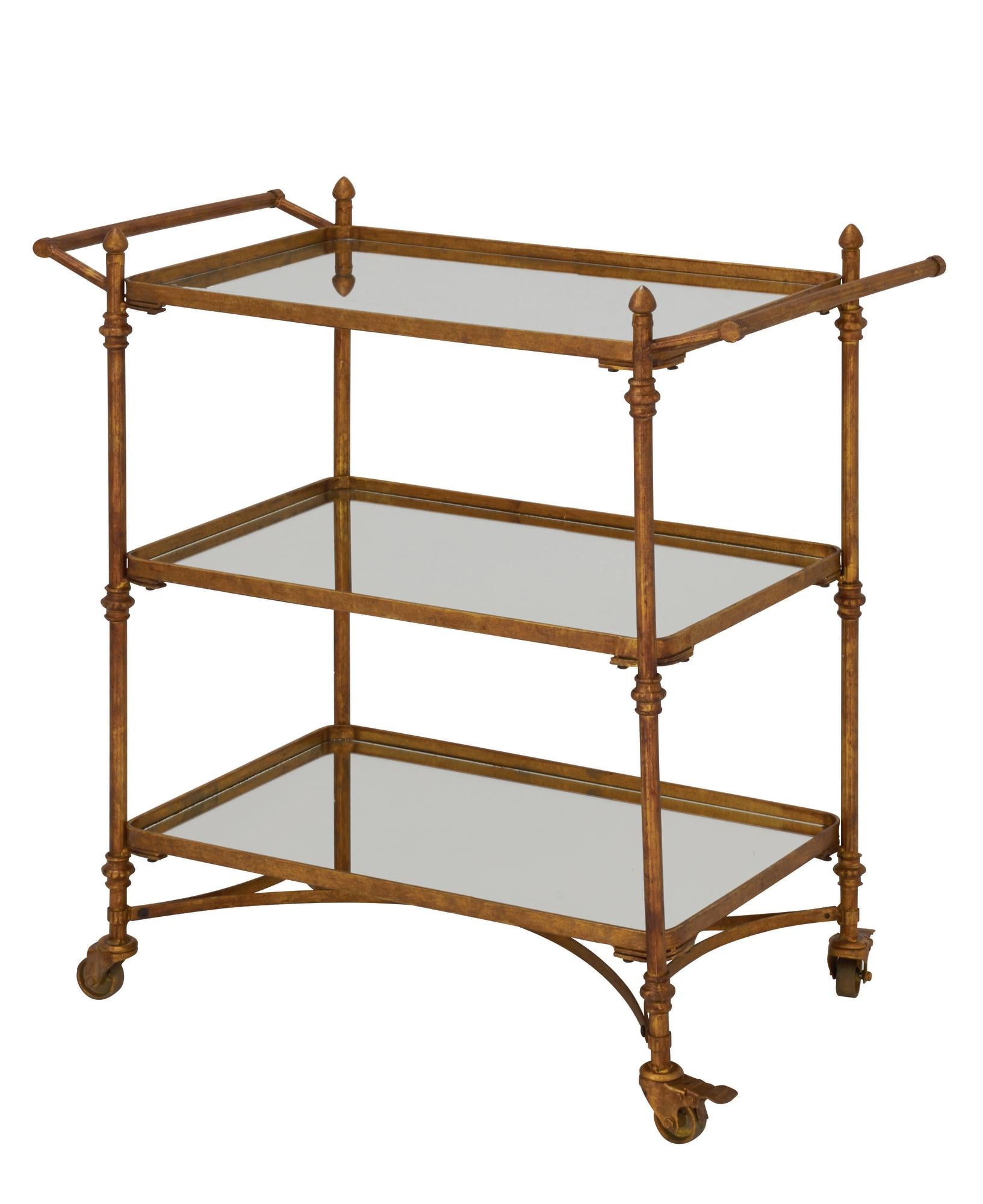 Brass Metal Rolling 3 Shelf Home Bar Cart with Handles