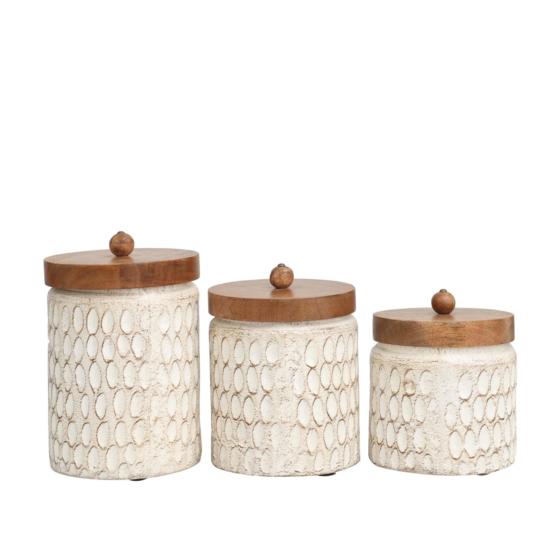 Set of 3 Geometric Cream Paper Mache Handmade Carved Spotted Decorative Canisters with Brown Removable Lids