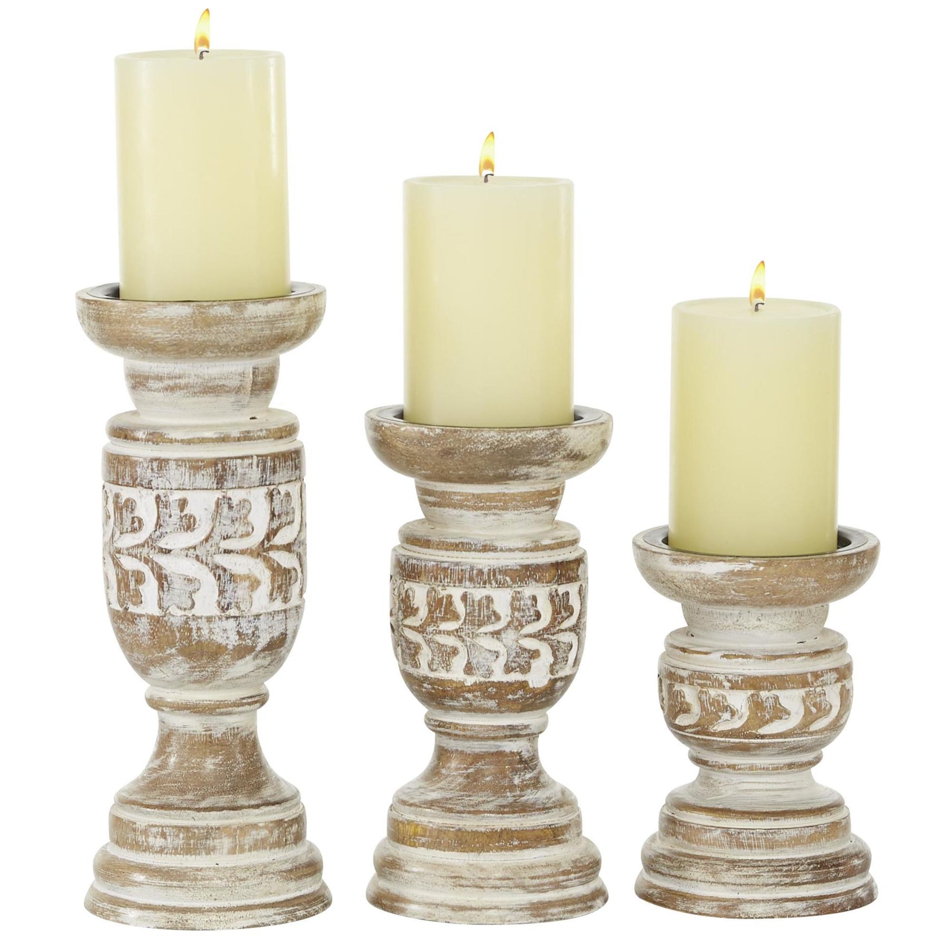 Set of 3 Floral Brown Mango Wood Handmade Whitewashed Turned Decorative Candle Holder