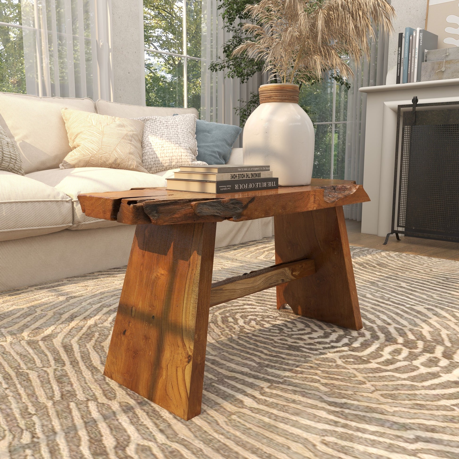 Brown Teak Wood Handmade Natural Live Edge Living Room Coffee Table with Angled Base