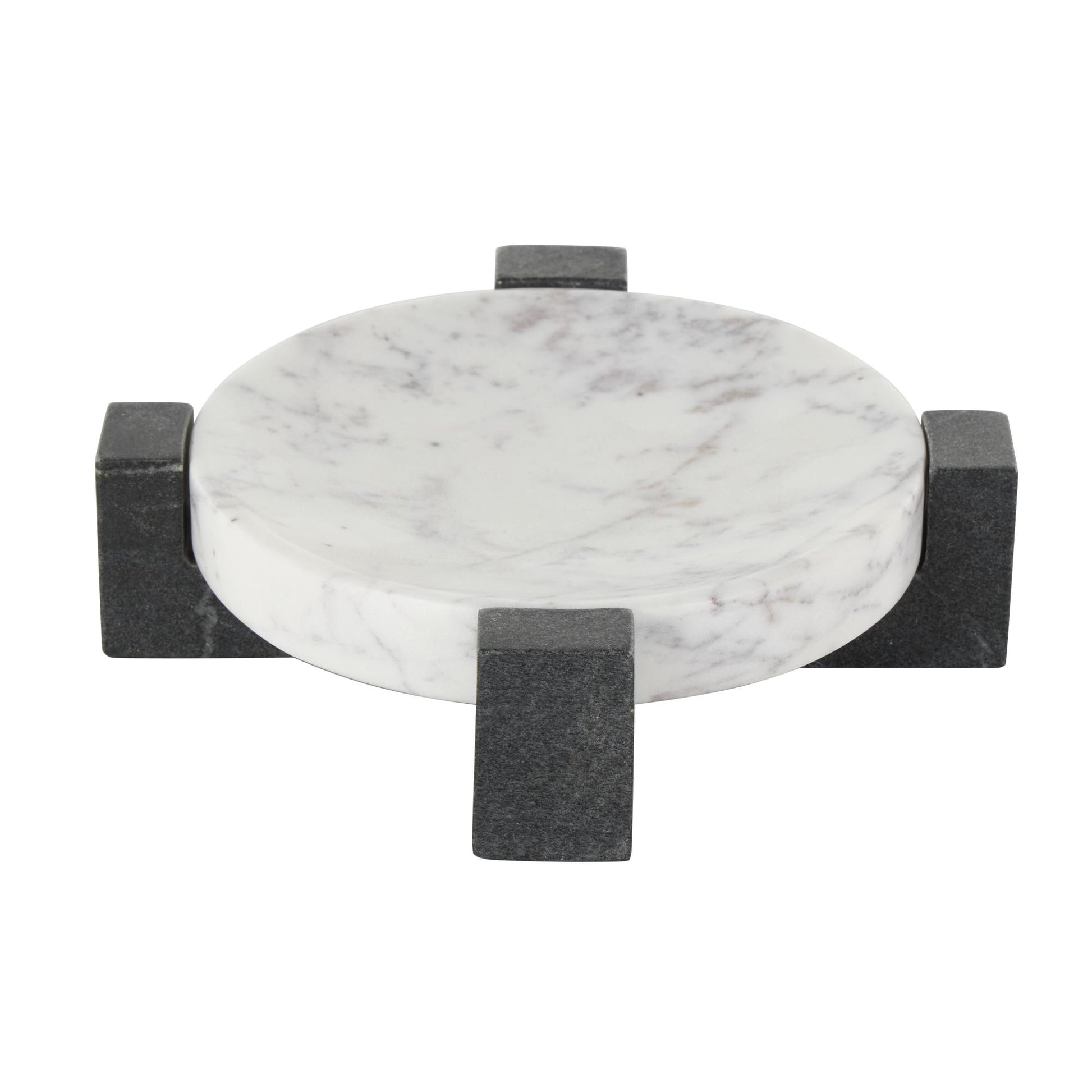 Geometric White Marble Round Living Room Decor Tray with Black X-Shaped Base