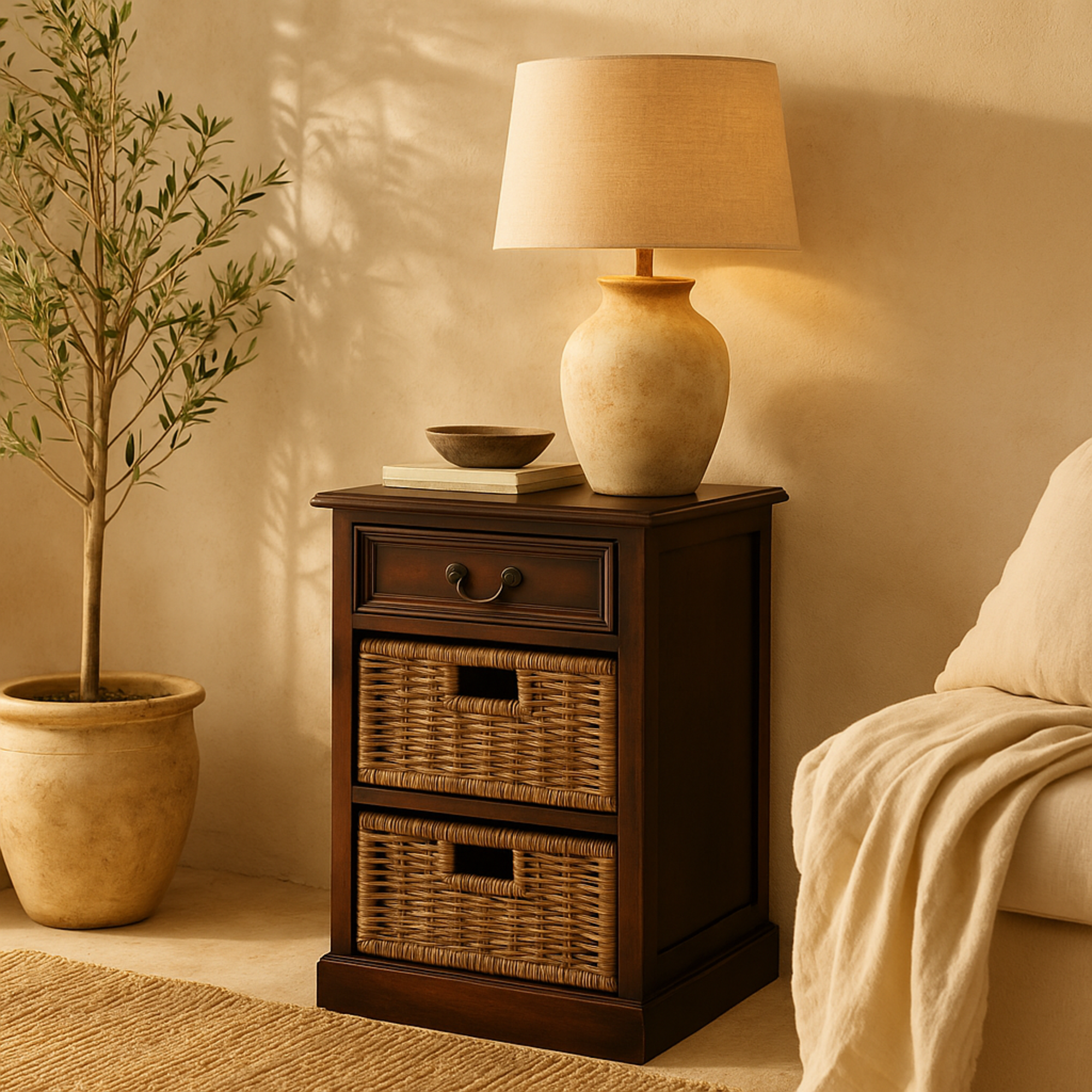 Dark Brown Wood Storage 2 Basket and 1 Drawer Room Storage Unit