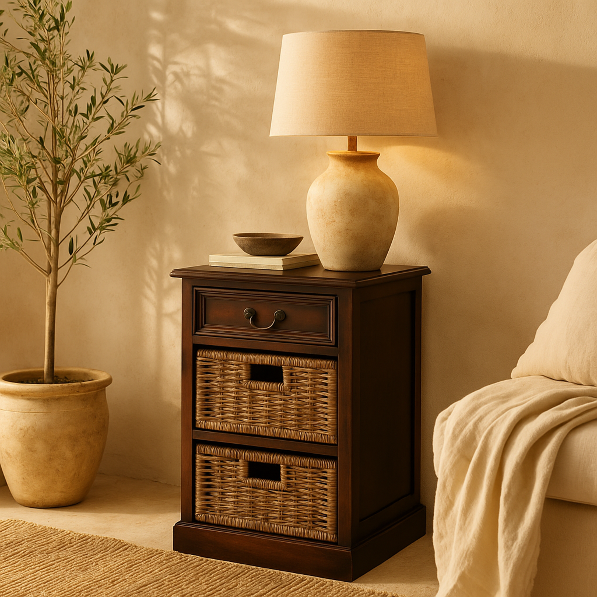 Dark Brown Wood Storage 2 Basket and 1 Drawer Room Storage Unit