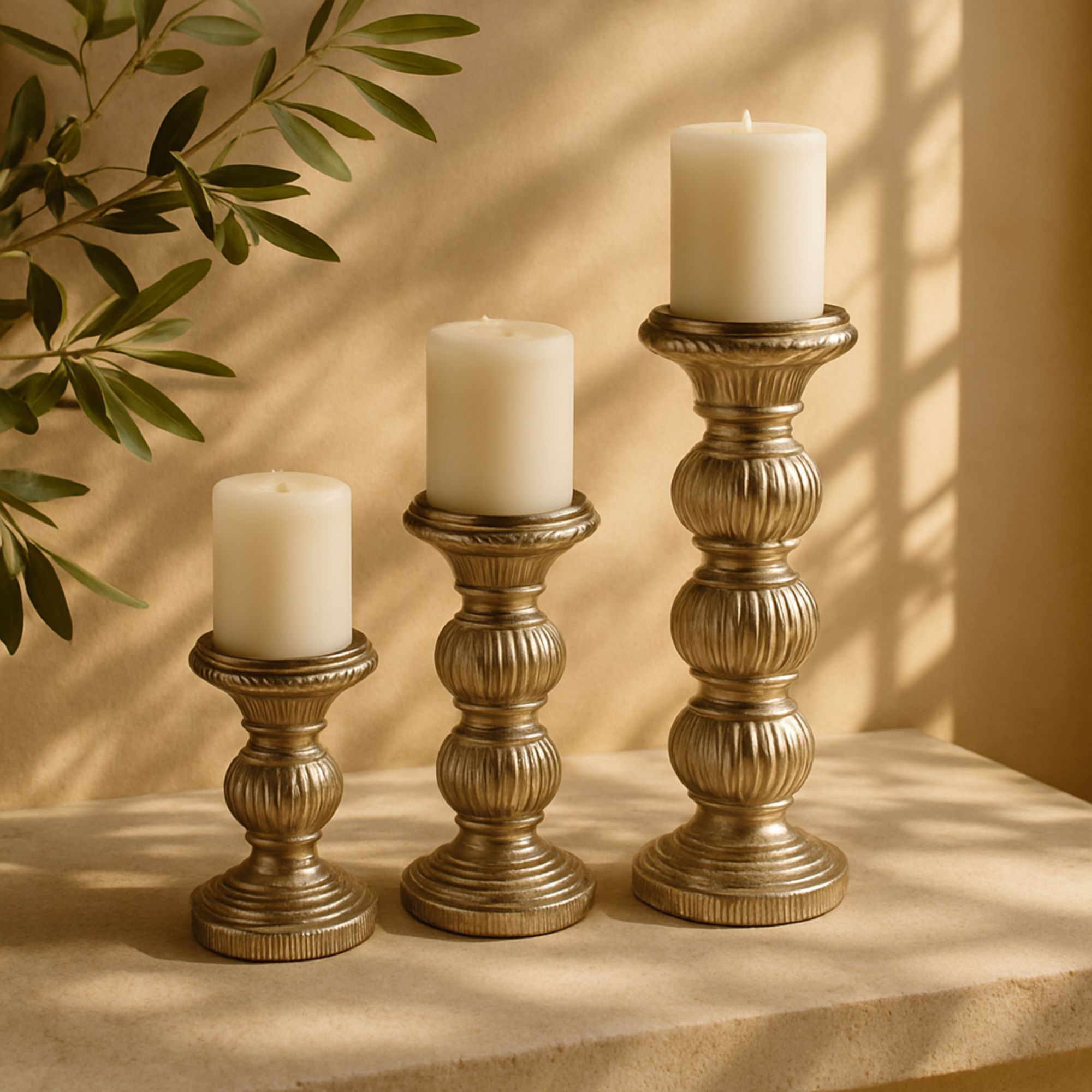 Set of 3 Gray Glass Handmade Turned Style Pillar Decorative Candle Holder